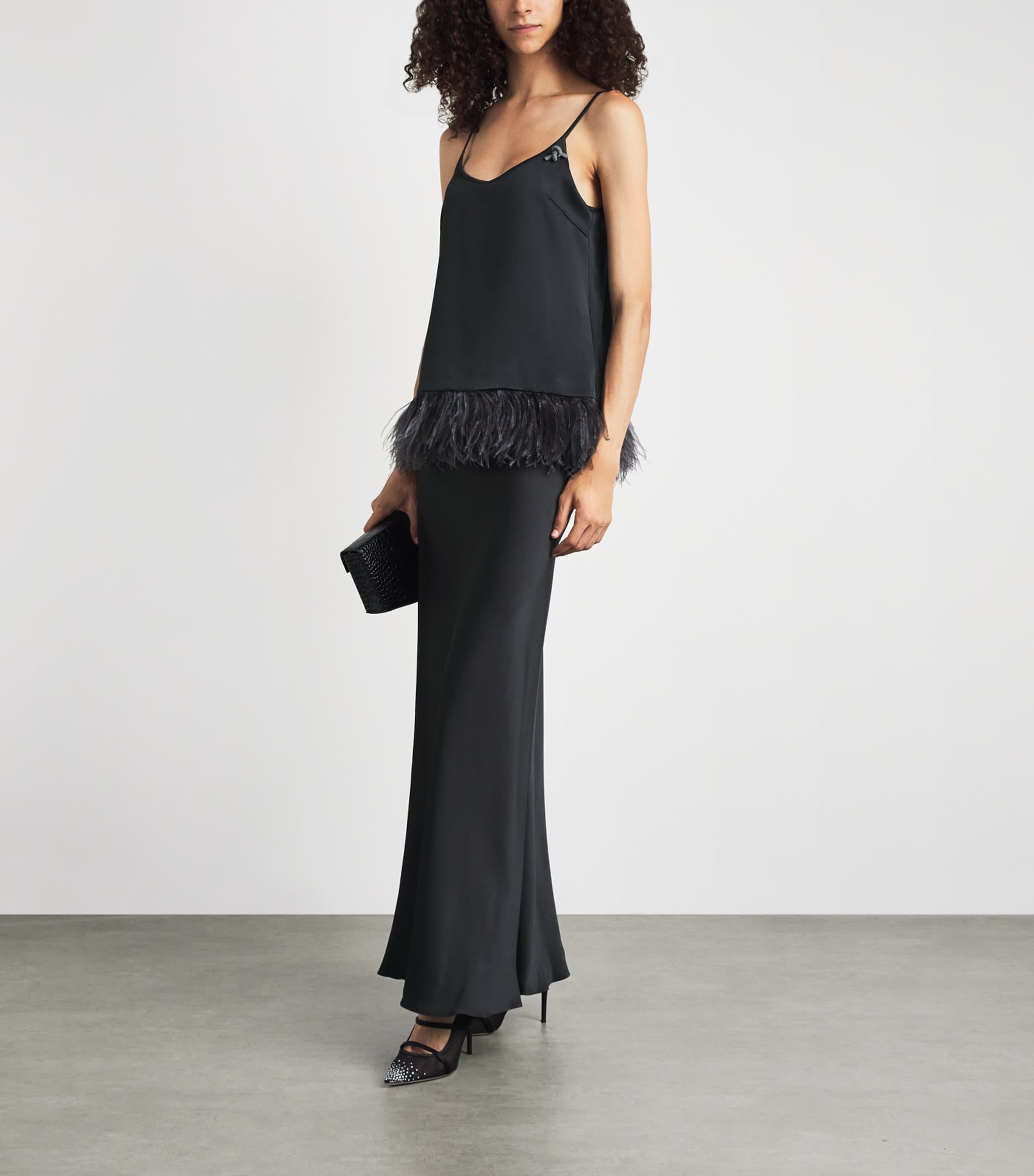 Fabiana Filippi Womens Satin Ostrich Feather-Trim Blouse Ardesia Image 2
