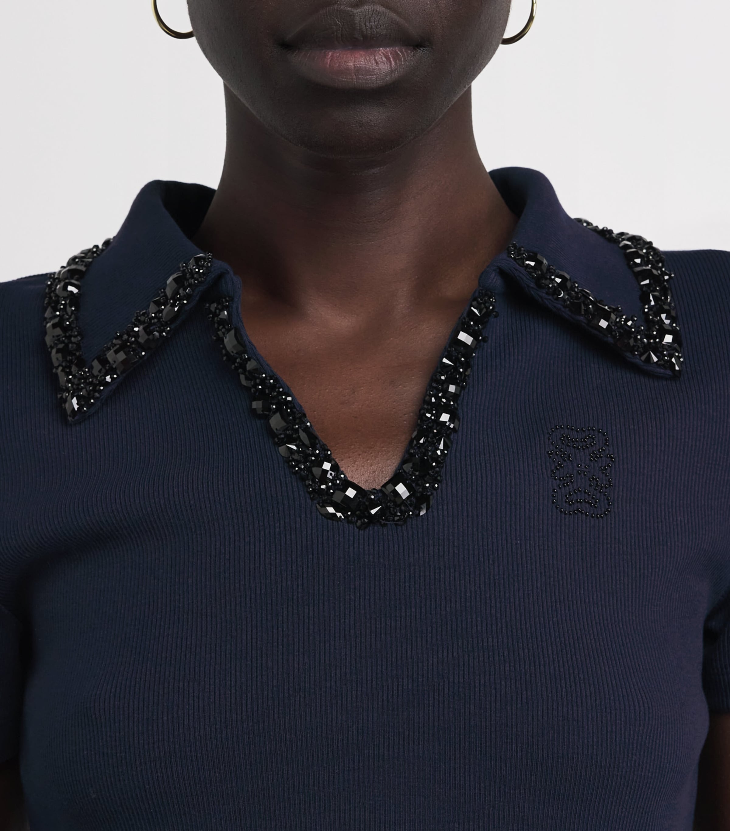 Sandro Paris Womens Stretch-Cotton Embellished Polo Top Navy Blue Image 3