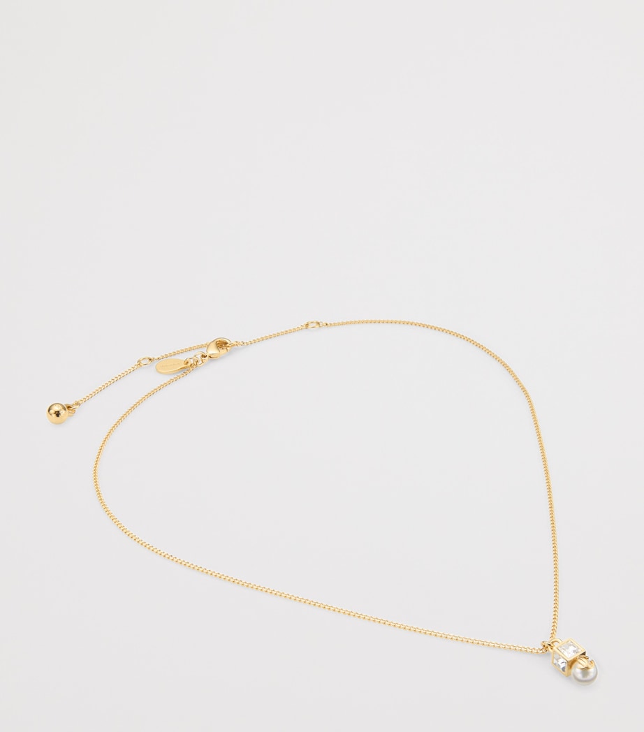 Jimmy Choo Faux Pearl Cube Logo Pendant Necklace Gold/white/crystal Image 2