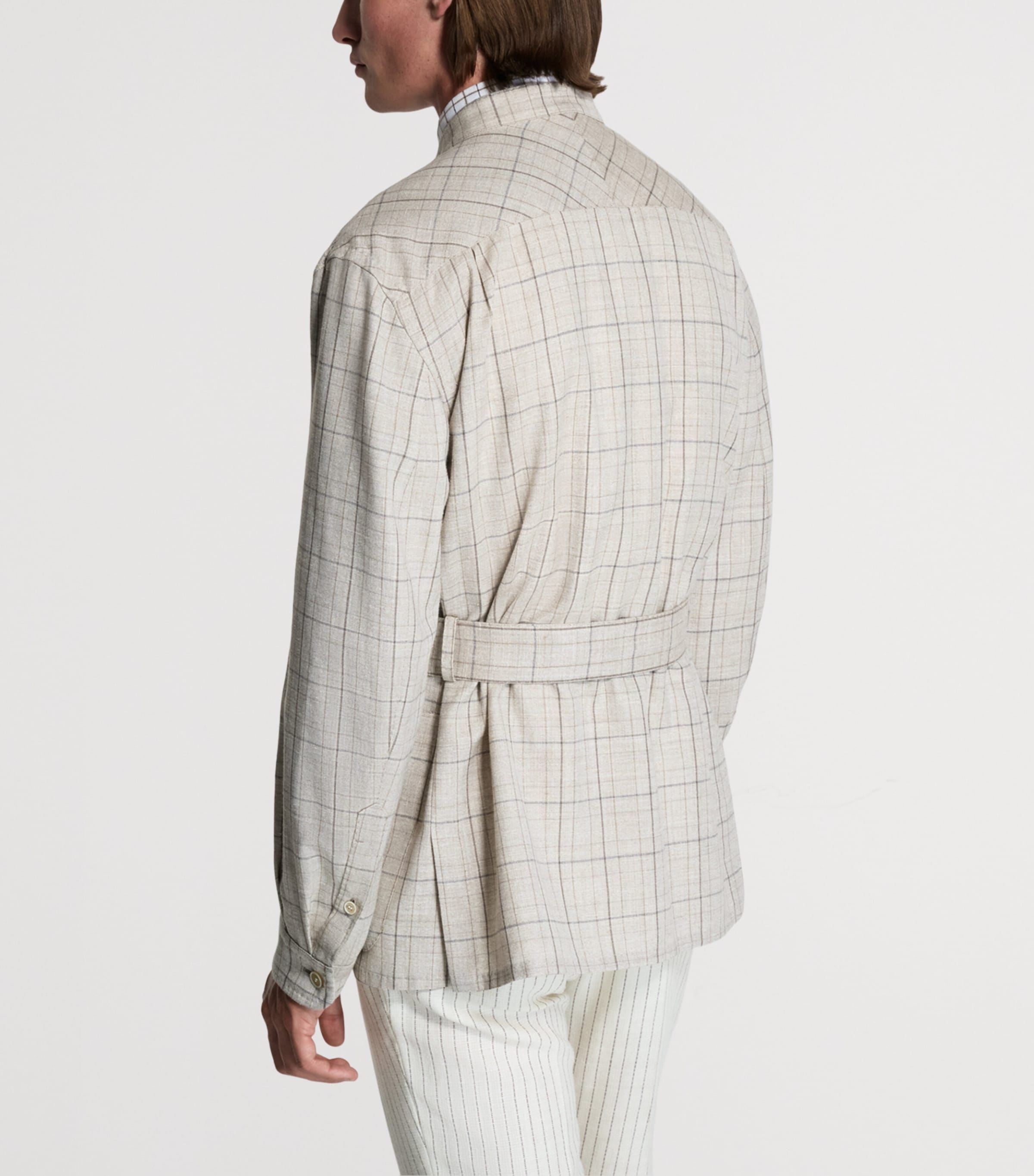 Dunhill Mens Wool-Silk-Linen Check Belted Jacket Image 4