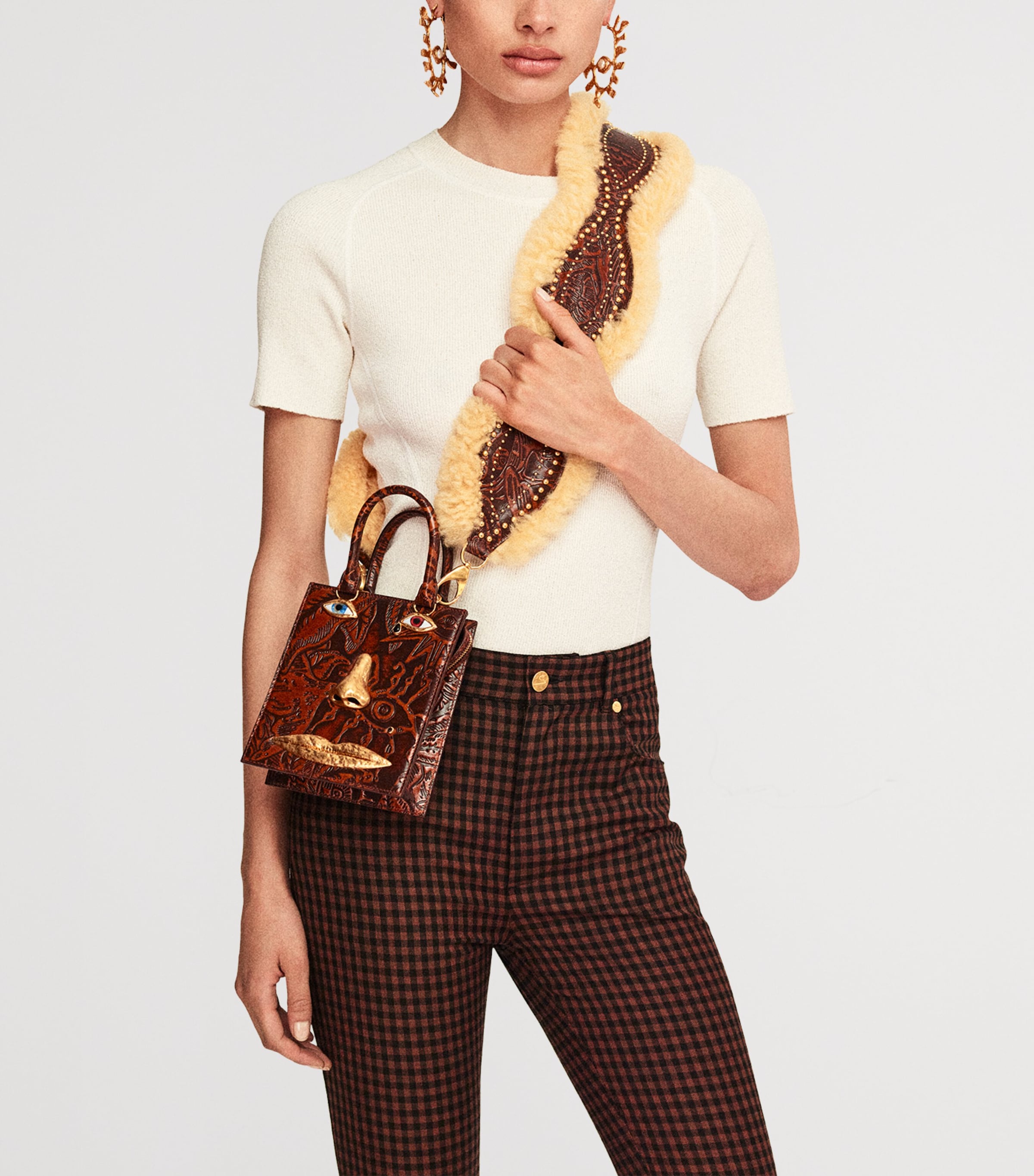 Mini Etched-Leather Face Top-Handle Bag 872 BROWN/ TAN Image 4