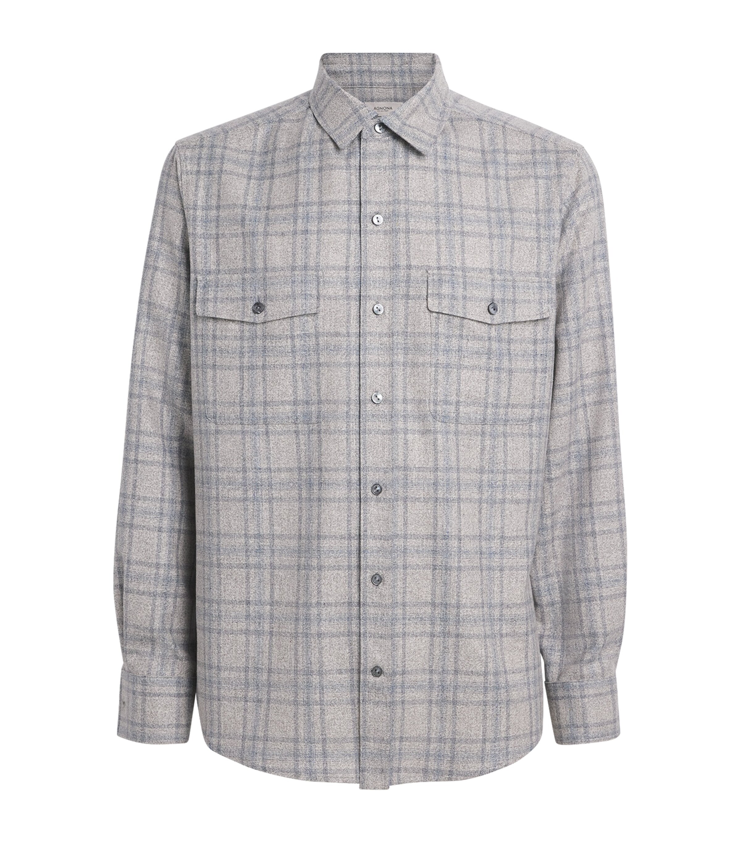 Agnona Mens Silk-Wool Check Shirt Grey Light Blue Image 1