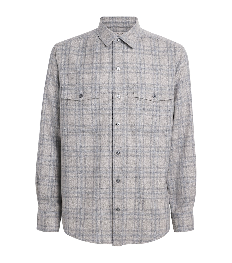 Agnona Mens Silk-Wool Check Shirt Grey Light Blue Image 1