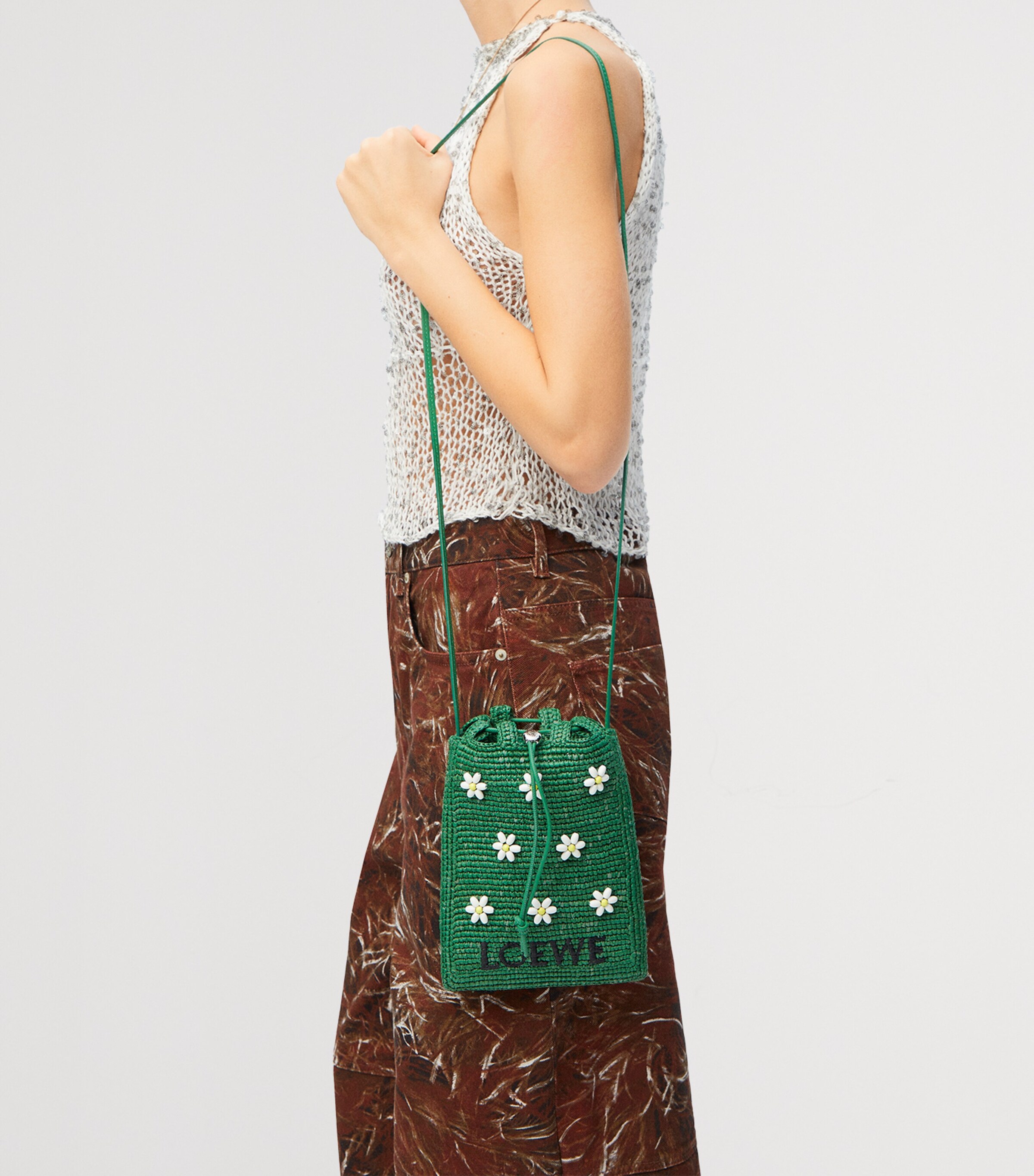 LOEWE x Paula's Ibiza  Raffia Floral-Detail Drawstring Pocket Bag Tropical Green/white Image 5
