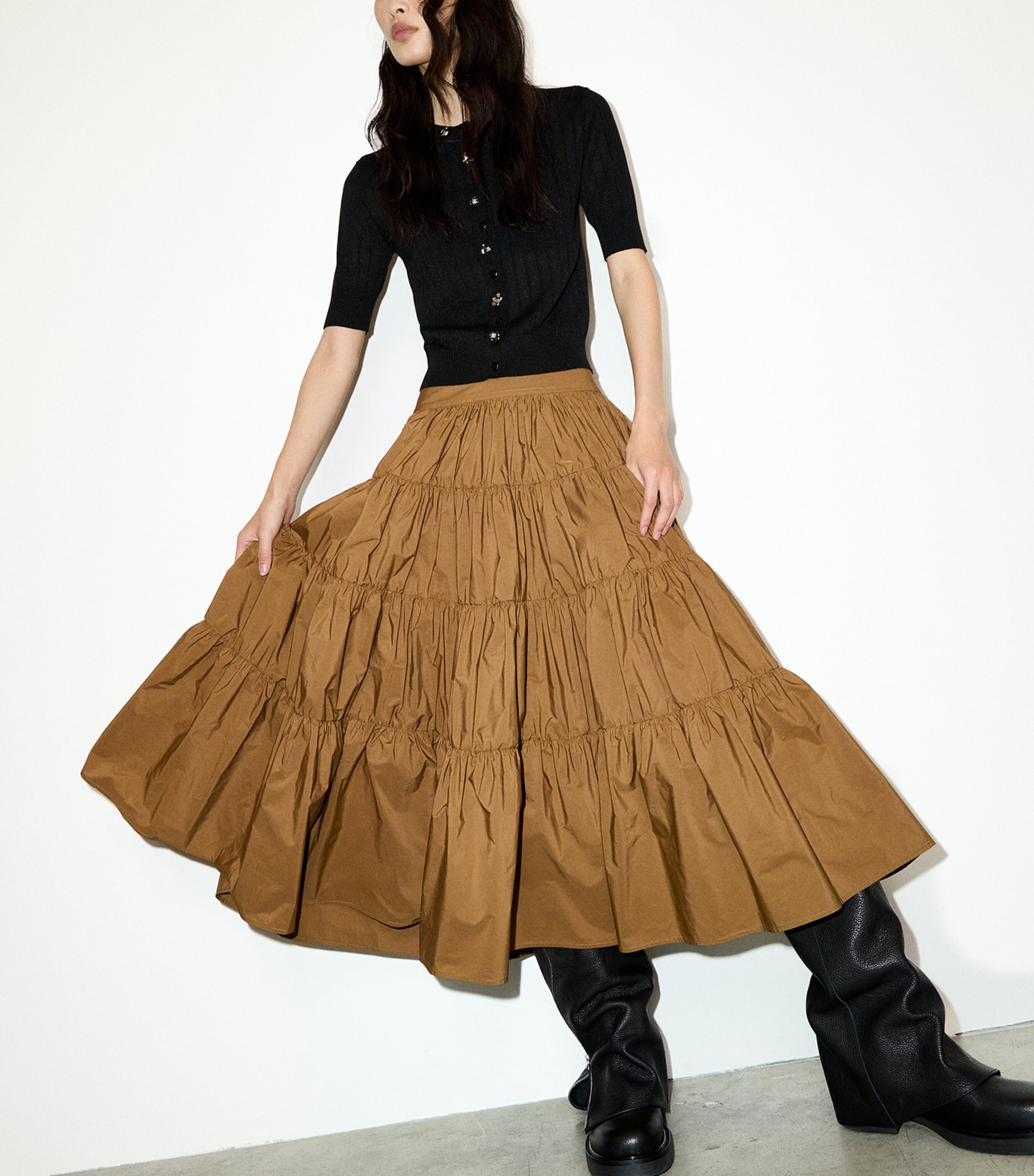 MAX&Co. Womens Taffeta Tiered Corolla Skirt Buck Image 3
