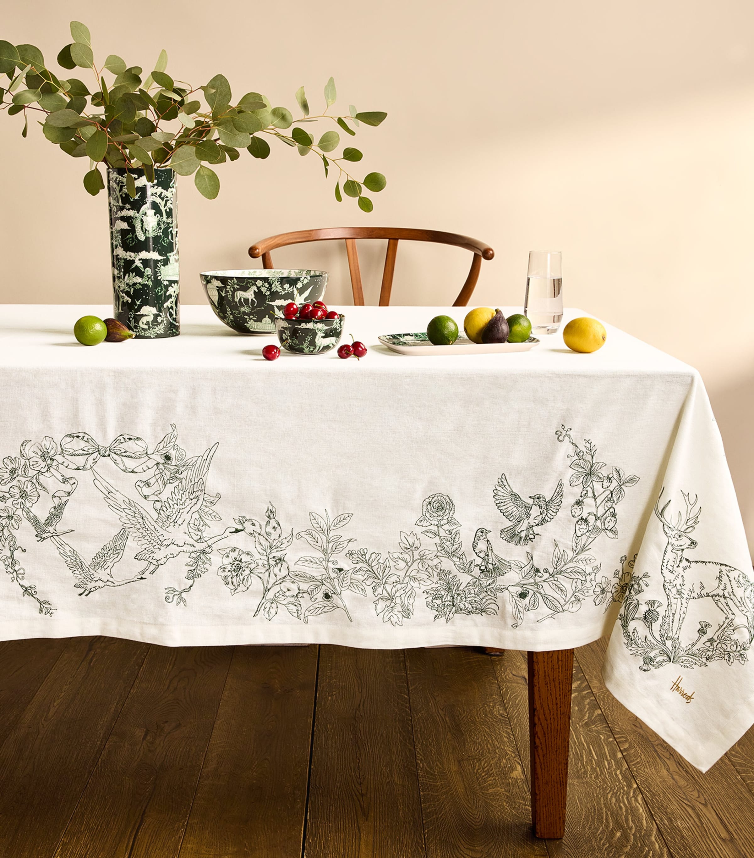 Harrods Cotton-linen Toile De Jouy Tablecloth In Green