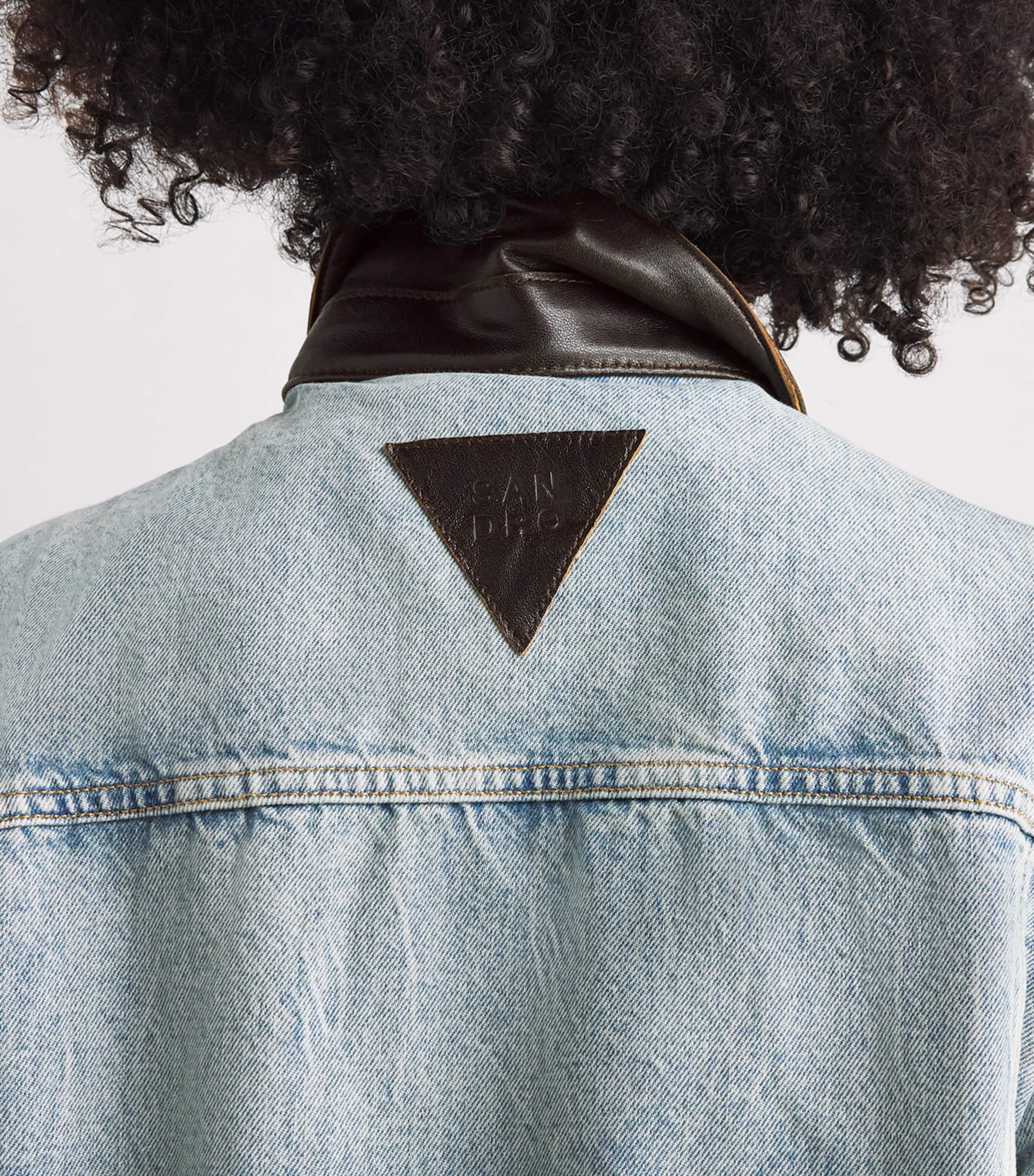 Sandro Paris Womens Leather-Collar Denim Jacket Blue Jean Image 3