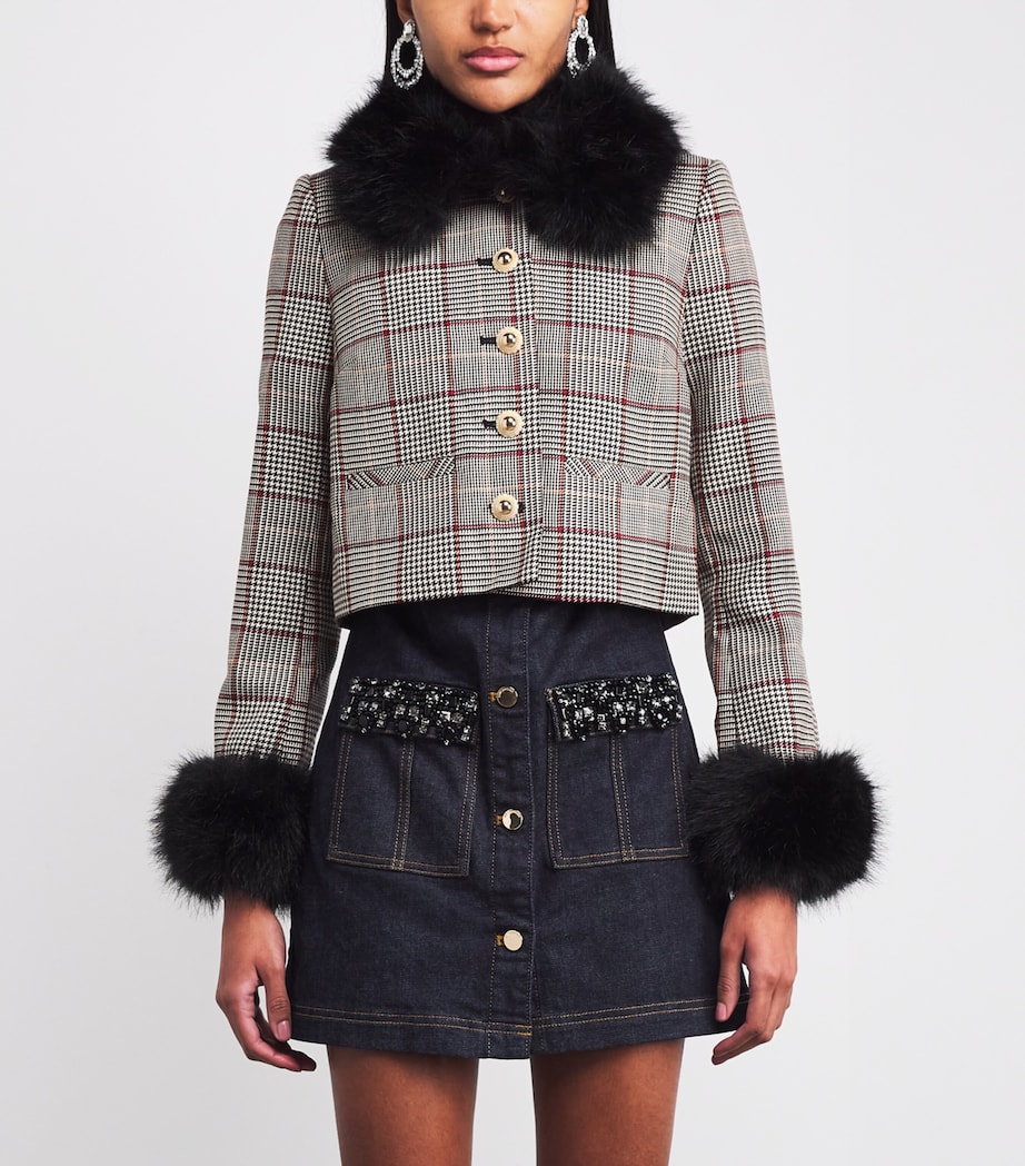 Faux Fur-Trim Check Jacket BROWN Image 3