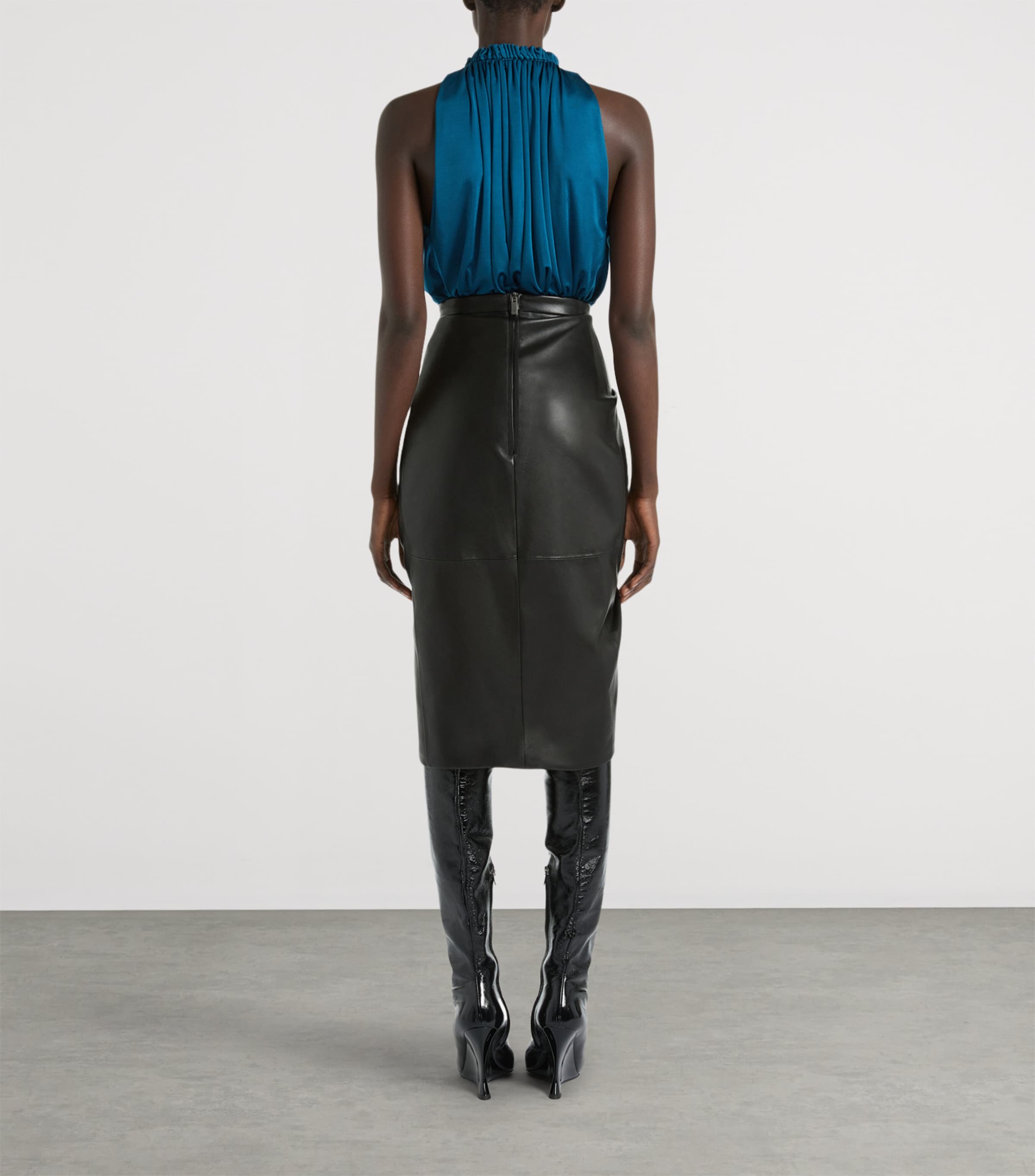 Balmain Womens Lambskin Draped Midi Skirt Noir Image 3