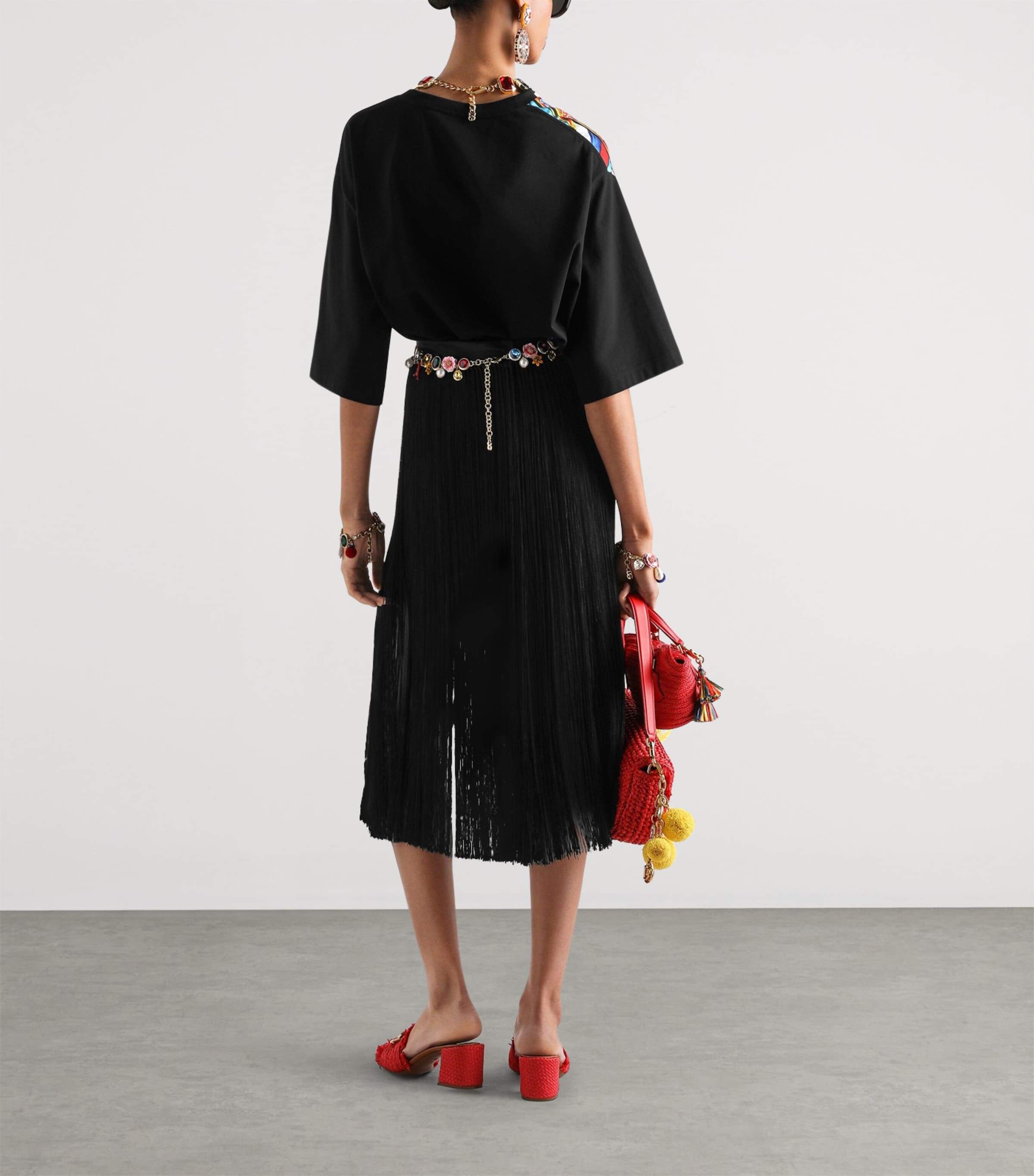 Dolce&Gabbana Womens Satin Fringe Midi Skirt Black Image 3