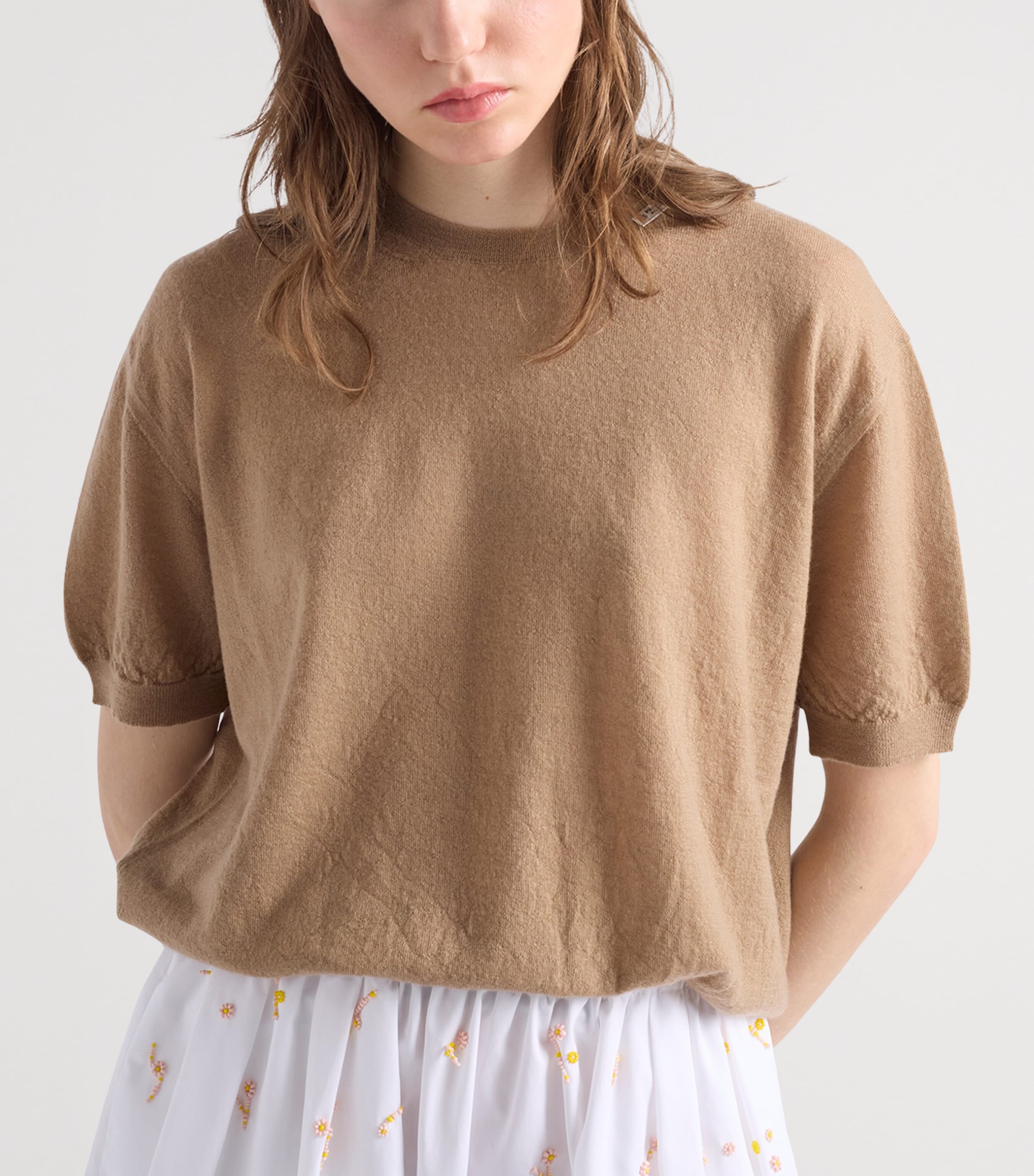 Prada Womens Cashmere Short-Sleeve Sweater Neutral Image 3