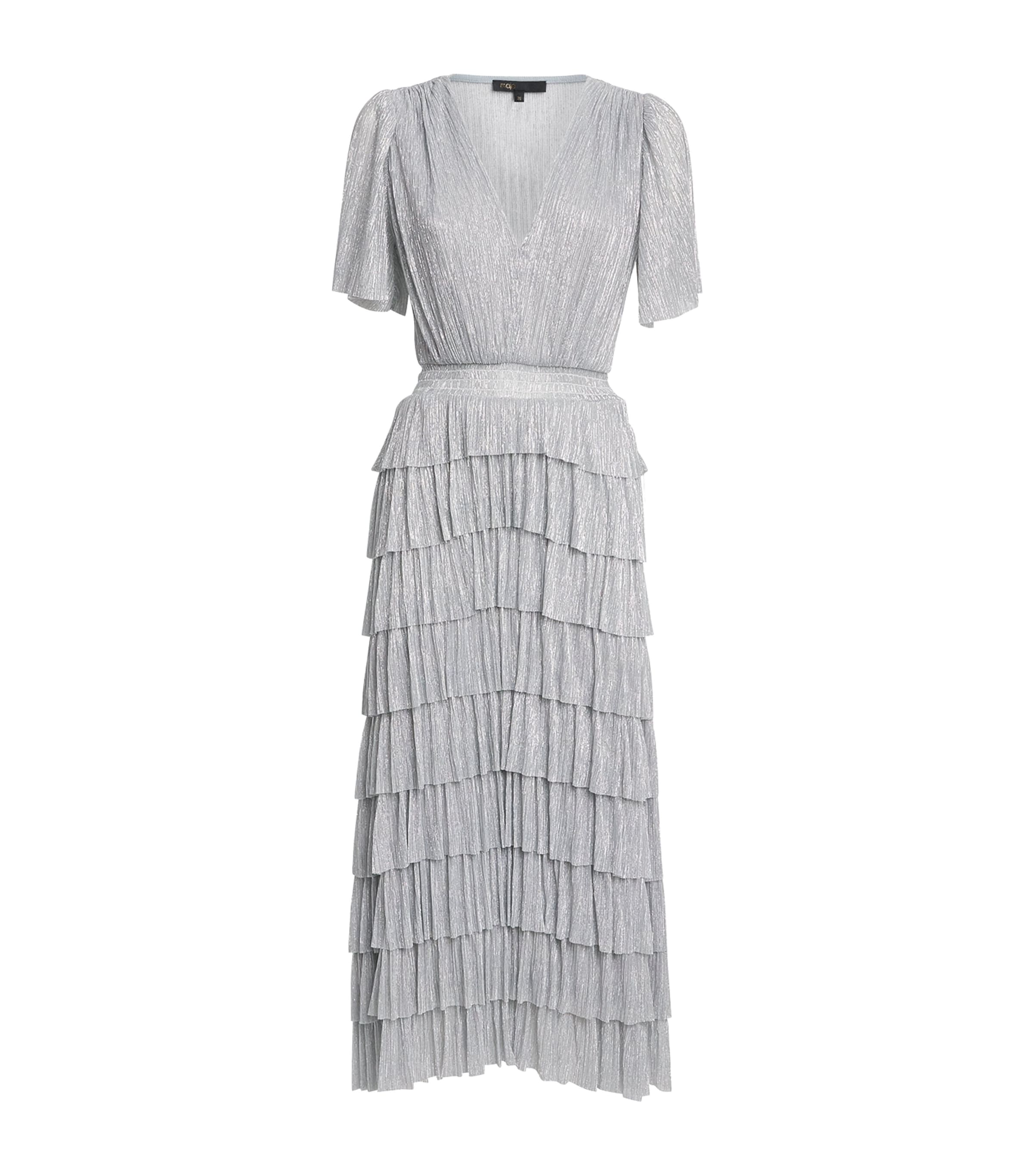 Maje Metallic V-neck Midi Dress In Gray