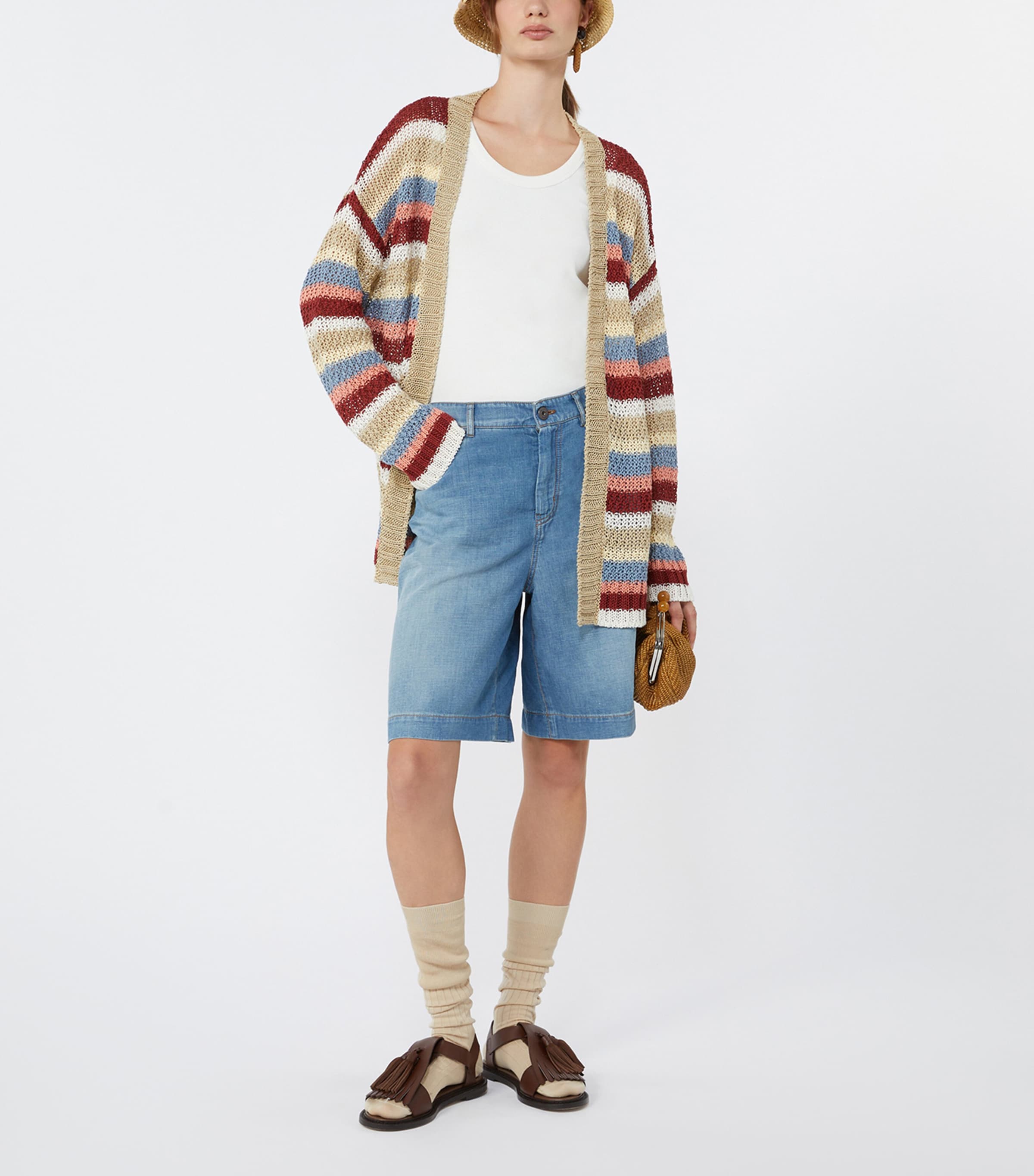 Weekend Max Mara Womens Linen Open-Knit Stripe Cardigan Cherry Image 2