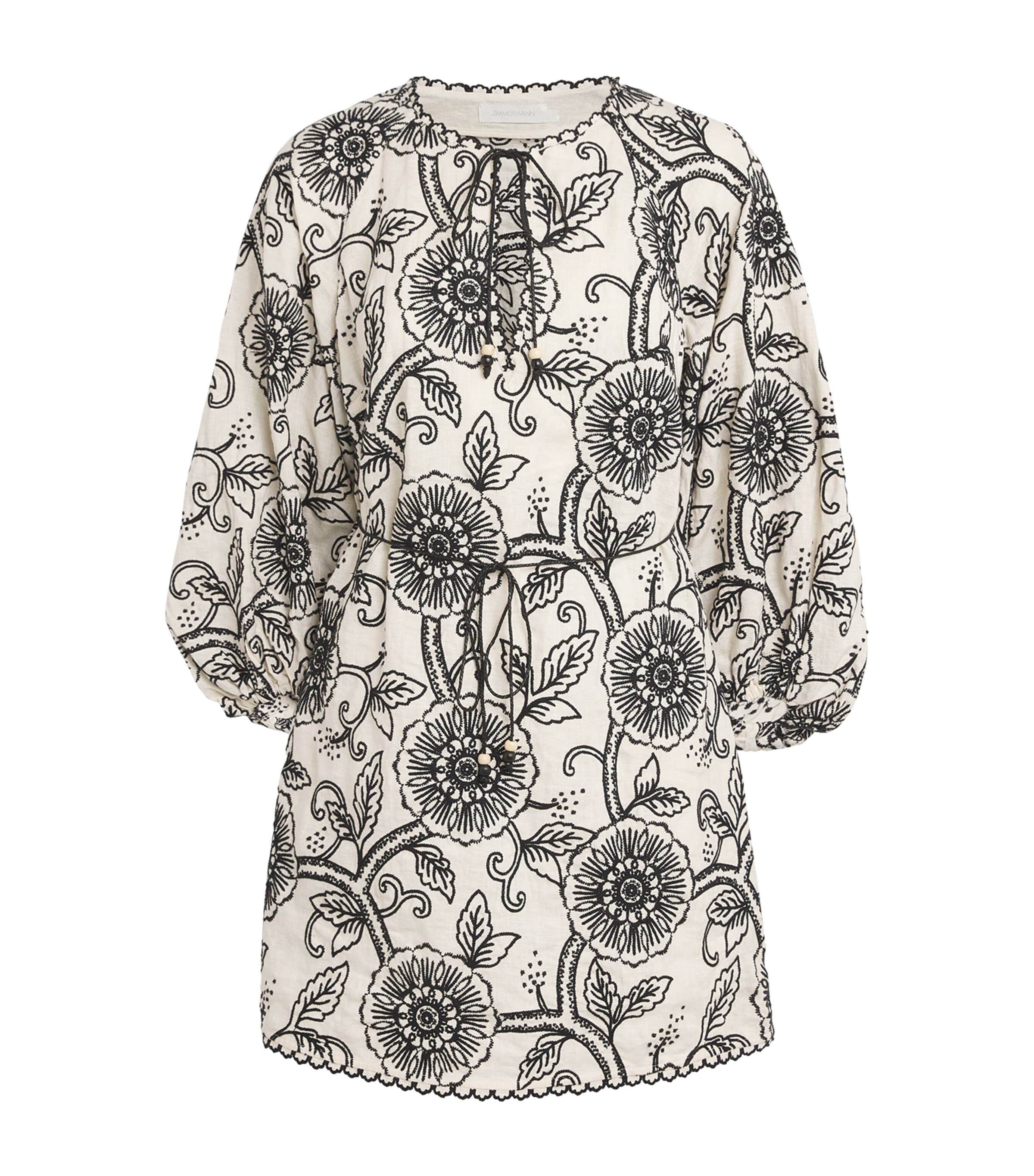 Linen Embroidered Mini Dress IVORY/BLACK Image 1