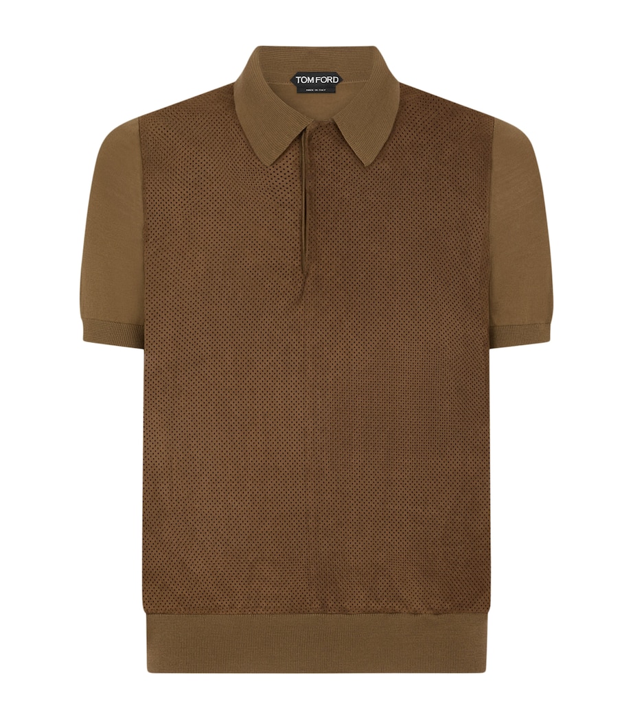 TOM FORD Mens Wool Leather-Trim Polo Shirt Gbt Image 1