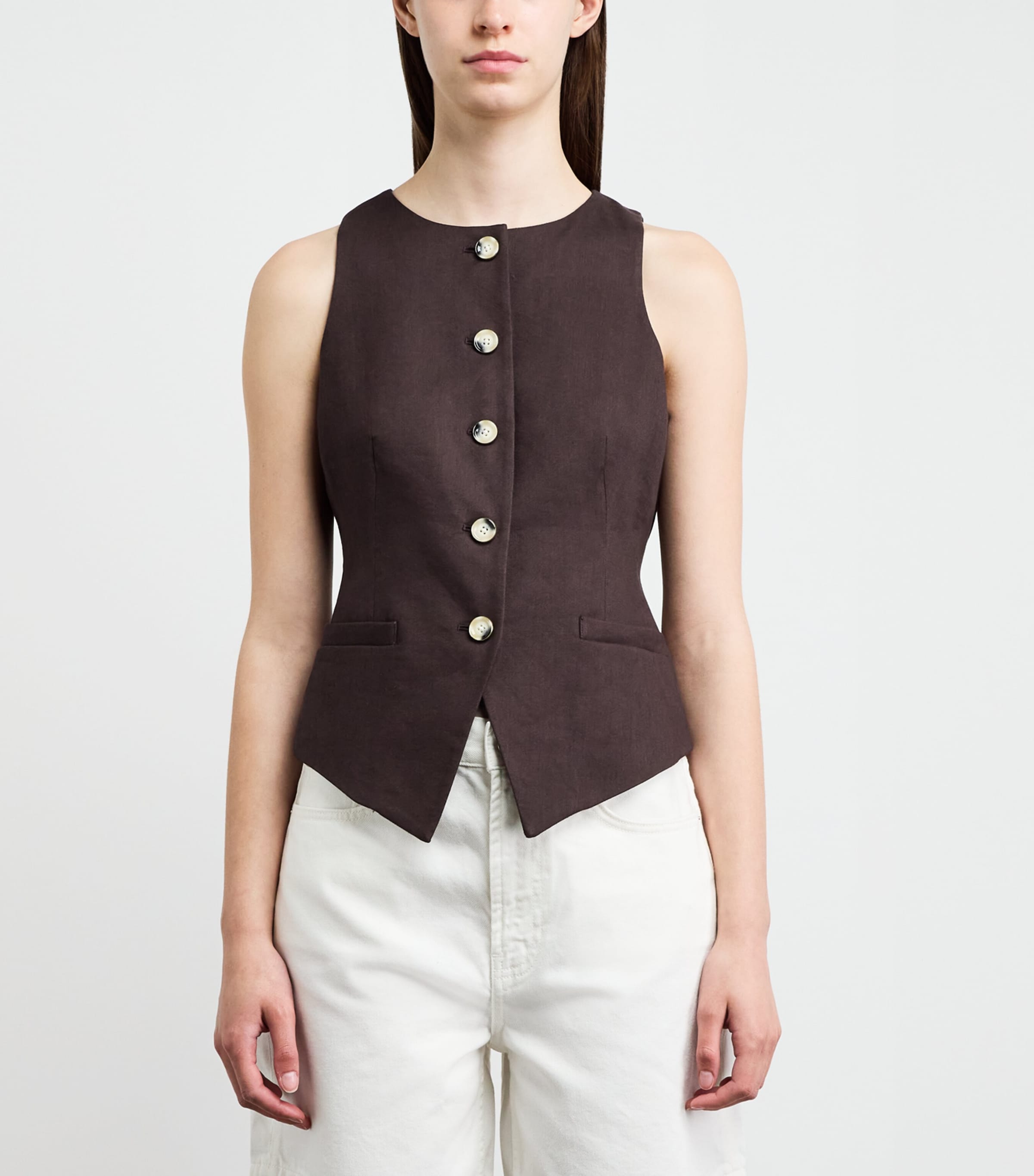 Veronica Beard Womens Linen-Blend Hartwell Waistcoat Dark Mocha Image 4