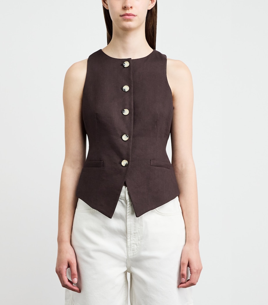 Veronica Beard Womens Linen-Blend Hartwell Waistcoat Dark Mocha Image 4