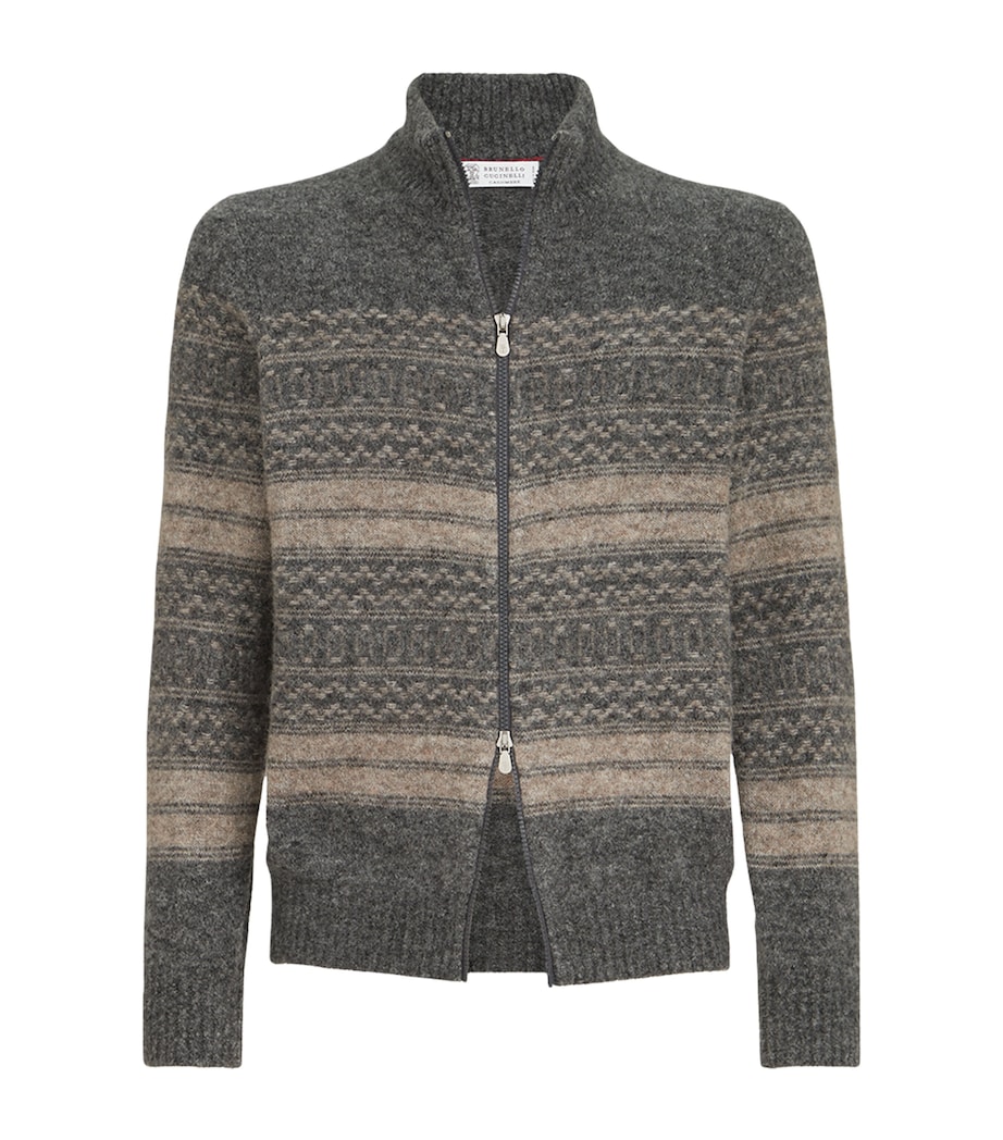 Brunello Cucinelli Mens Jacquard High-Neck Zip Cardigan Black+brown Image 1