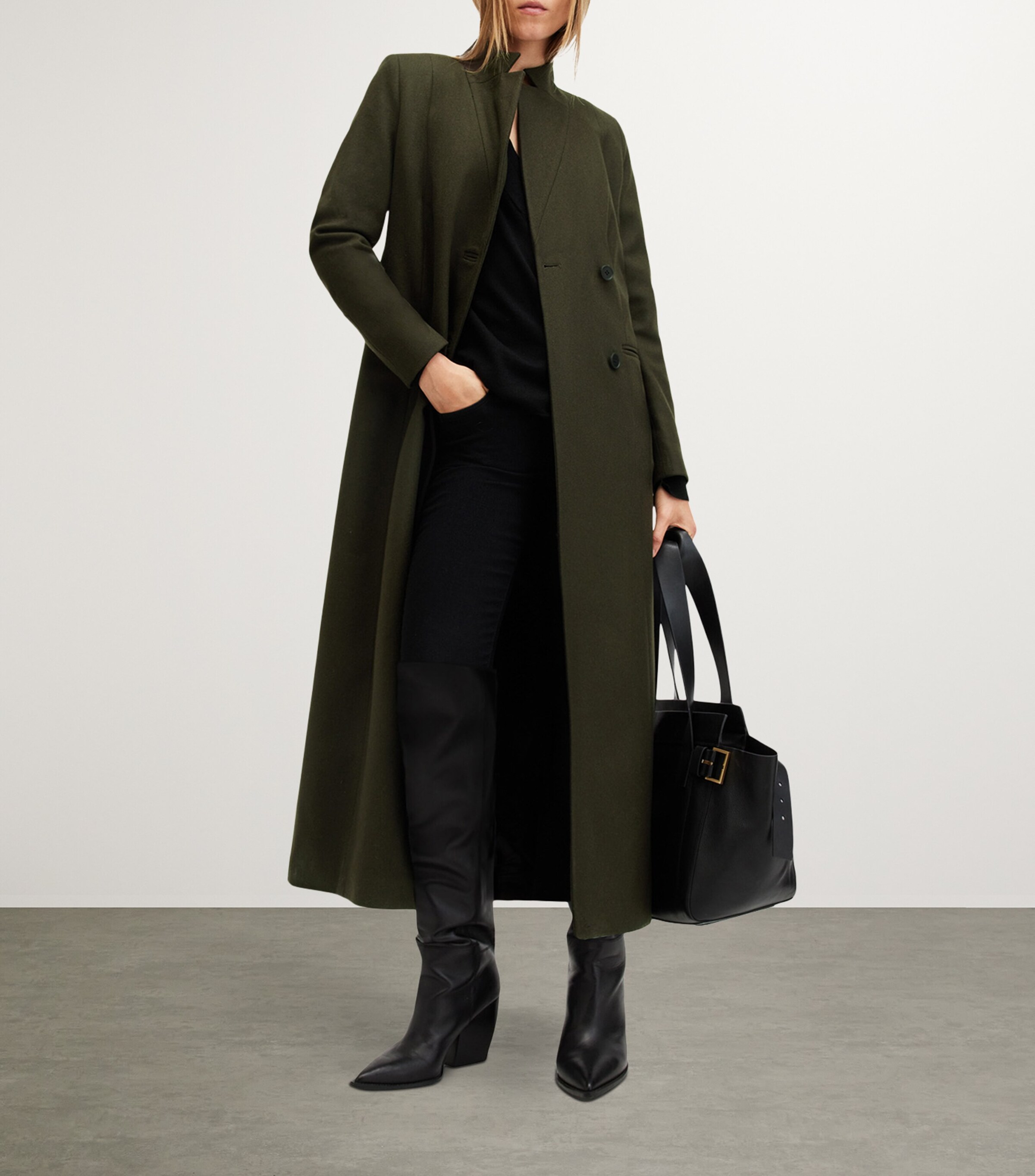 AllSaints Womens Wool-Blend Sonnie Coat Khaki Green Image 3