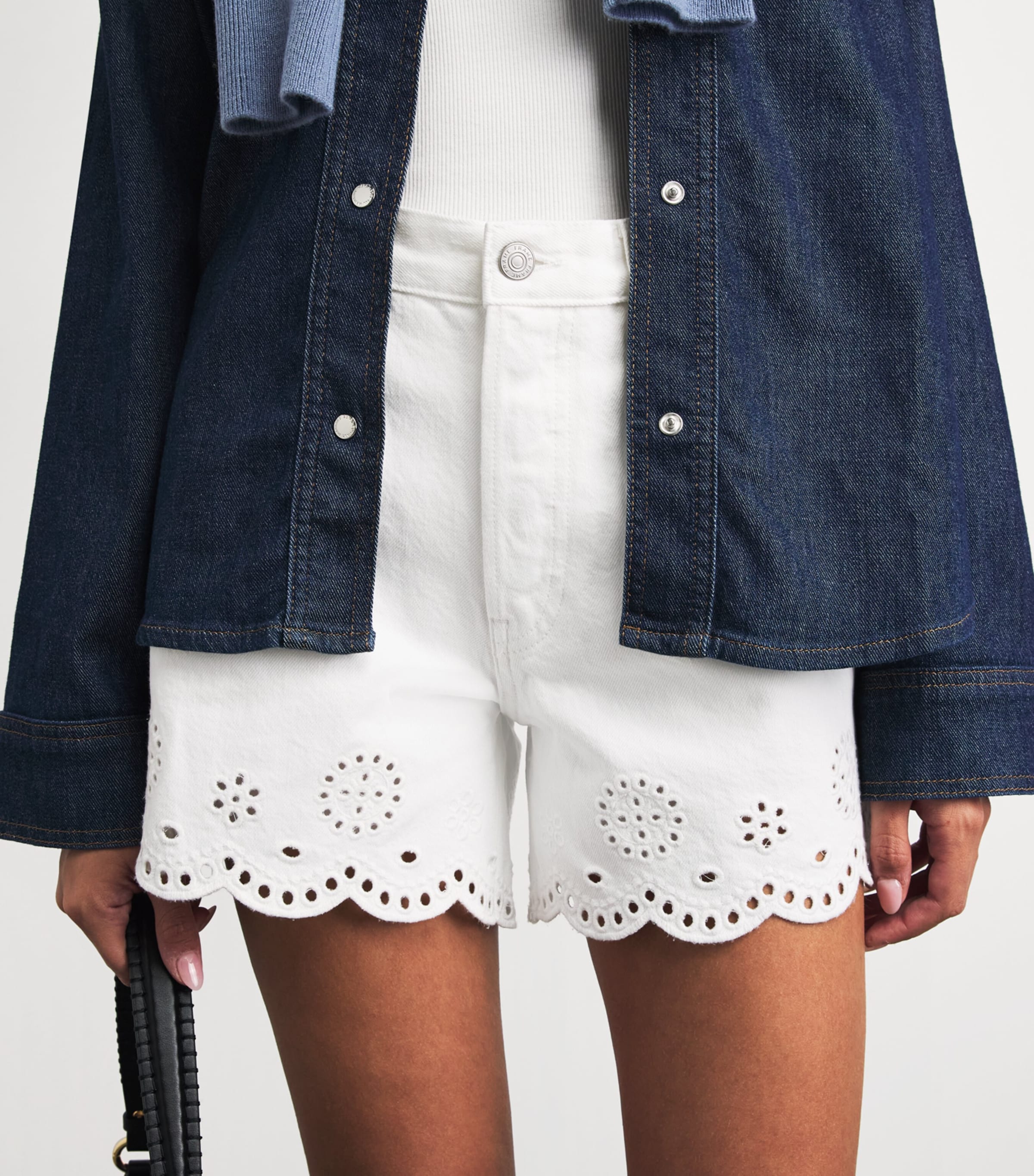 FRAME Womens The Eyelet Long Hang Denim Shorts White Image 3