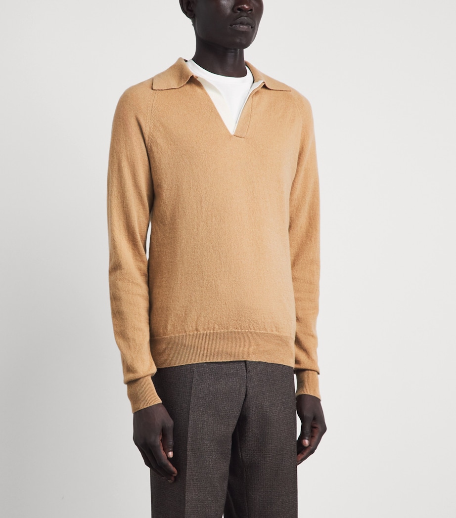Lardini Mens Virgin Wool-Cashmere Open-Collar Polo Shirt Beige Image 4