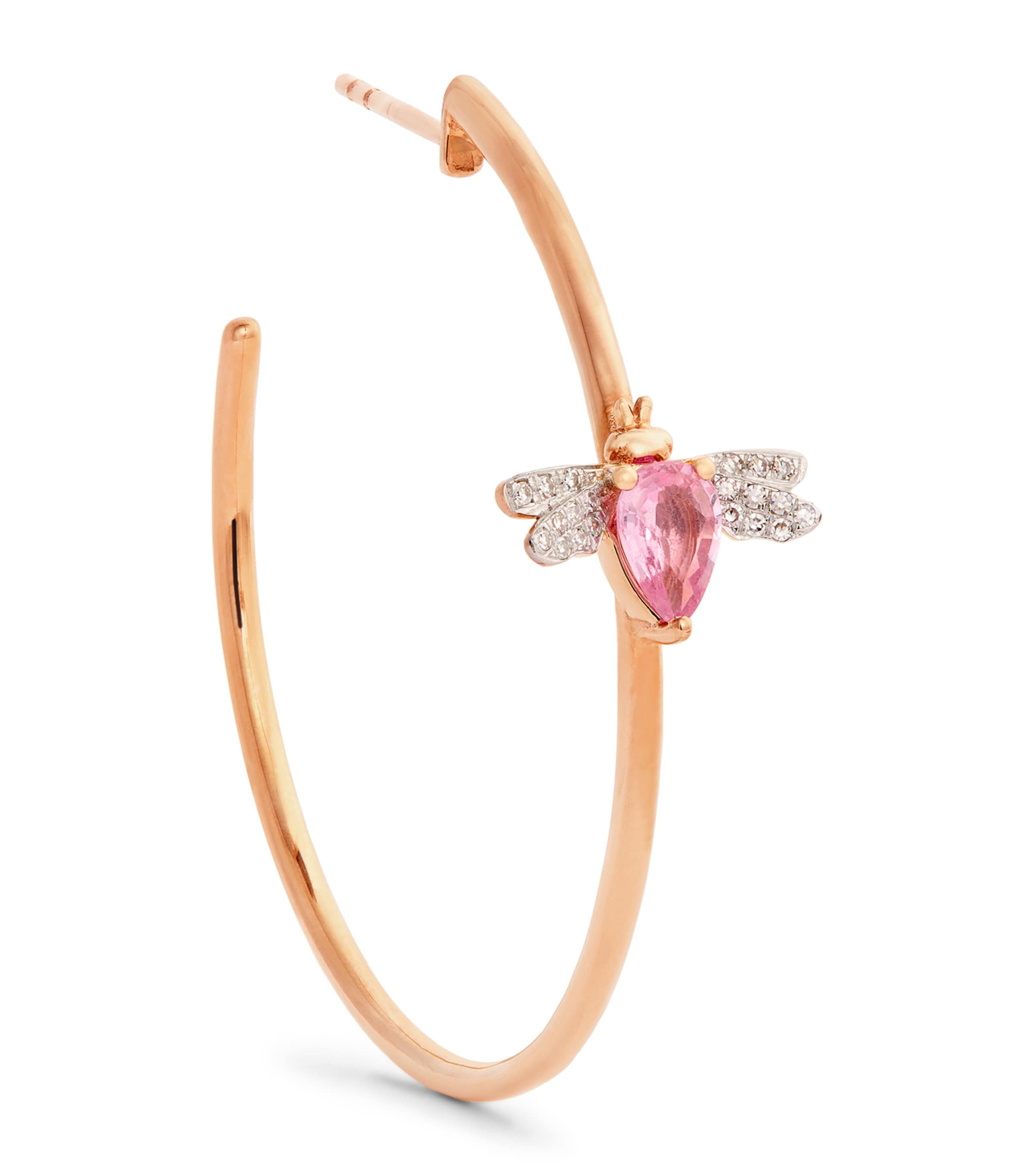 Bee Goddess Rose Gold, Diamond And Pink Sapphire Honey Bee Single Hoop Earring In Rose Gold