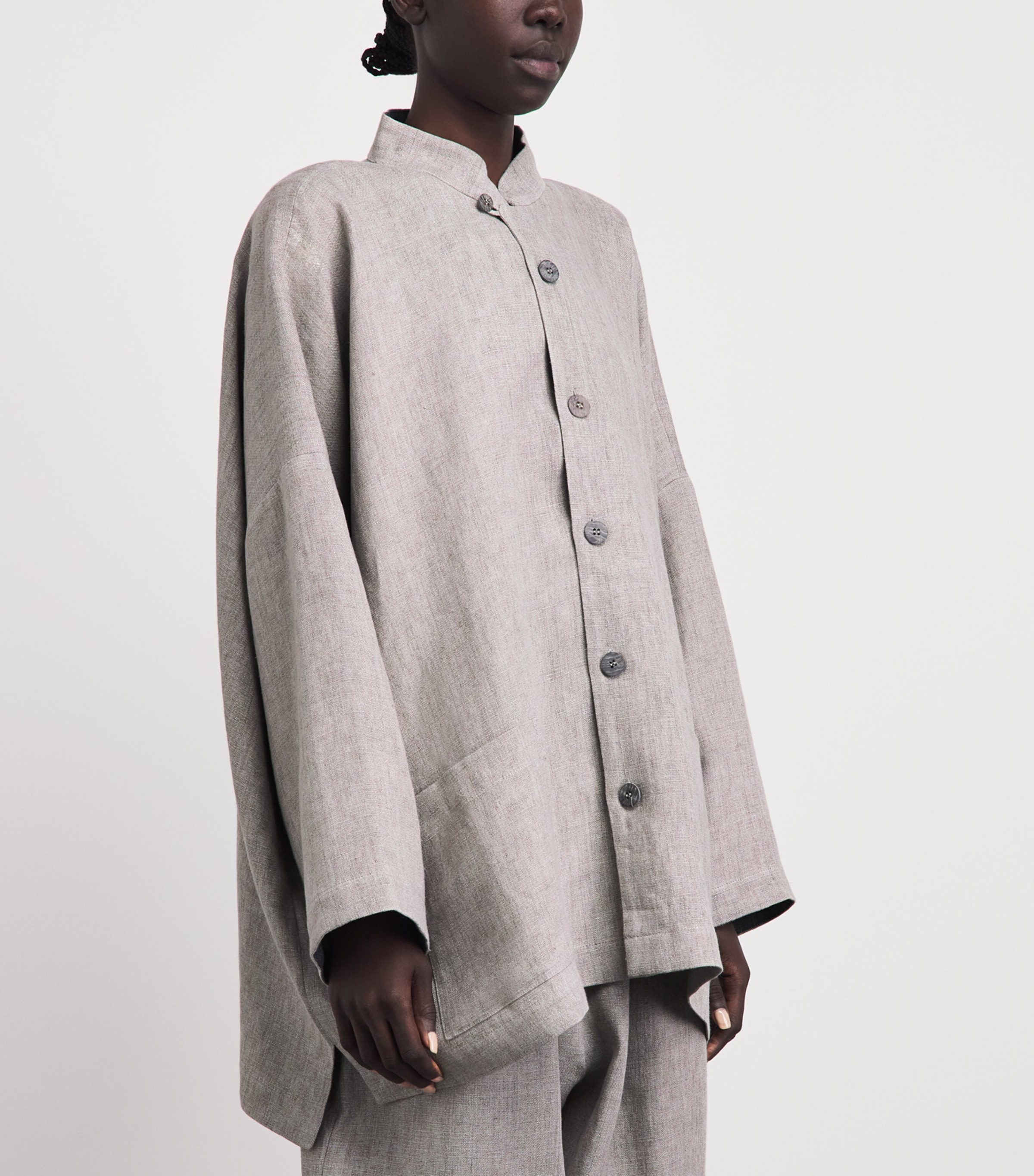 Eskandar Womens Linen Wide Longline Jacket Stone Image 4