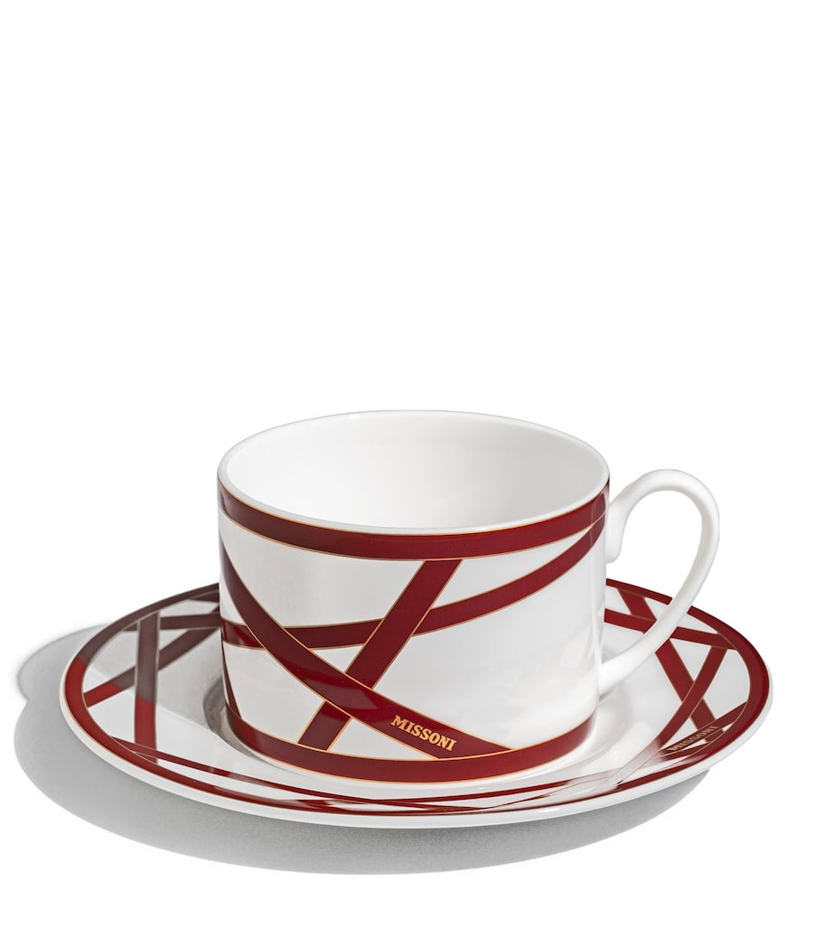 Set of 2 Bone China Nastri Bordeaux Teacups and Saucers WHITE / BORDEAUX Image 1