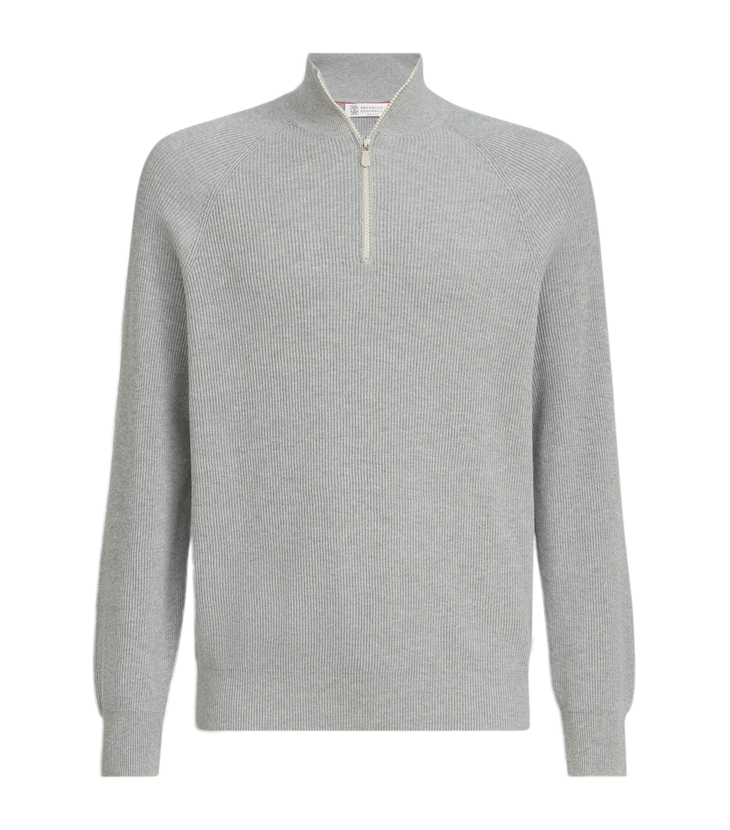 Brunello Cucinelli Grey Cotton Rib-Knit Quarter-Zip Sweater