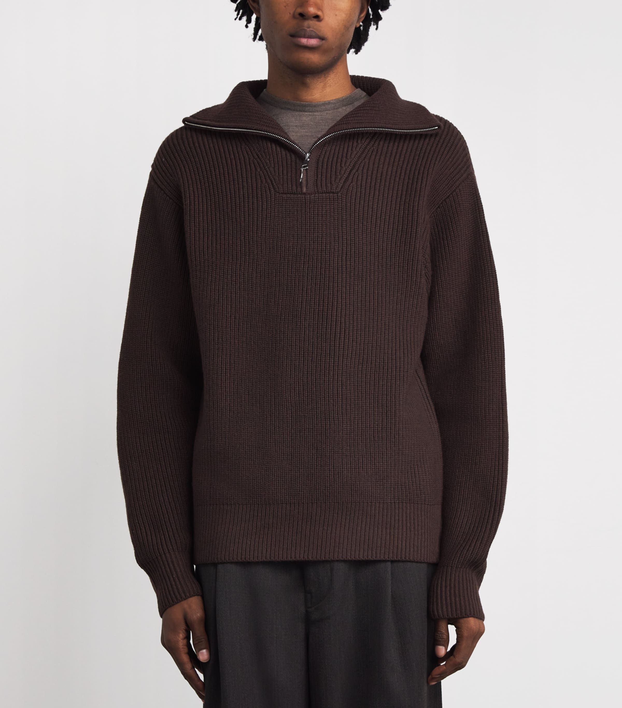 Merino Wool Quarter-Zip Ribbed Sweater ICED COFFEE Image 3