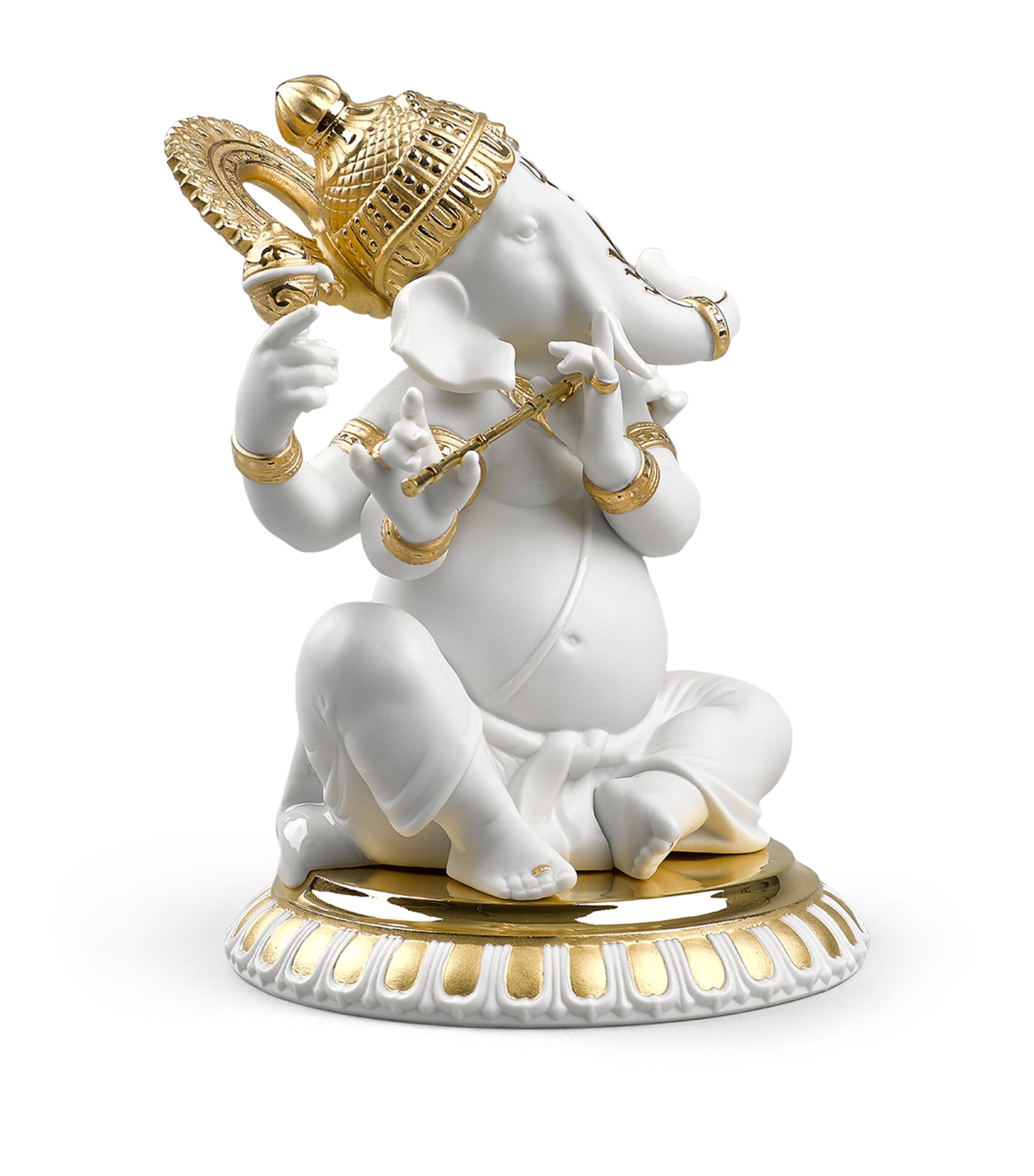Lladró Porcelain Bansuri Ganesha Sculpture White & Gold Image 4
