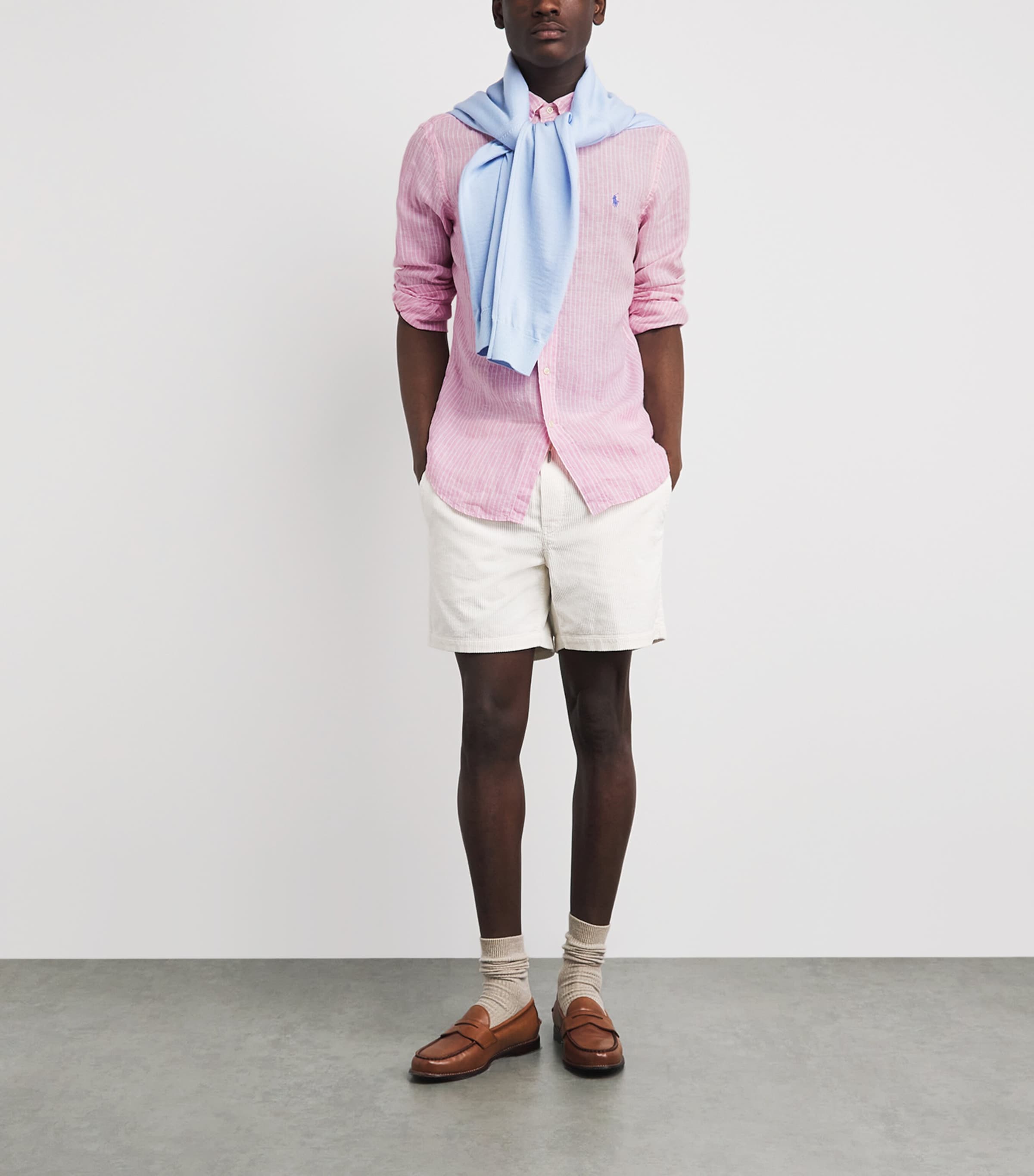 Polo Ralph Lauren Mens Linen Custom-Fit Stripe Shirt Pink White Image 2