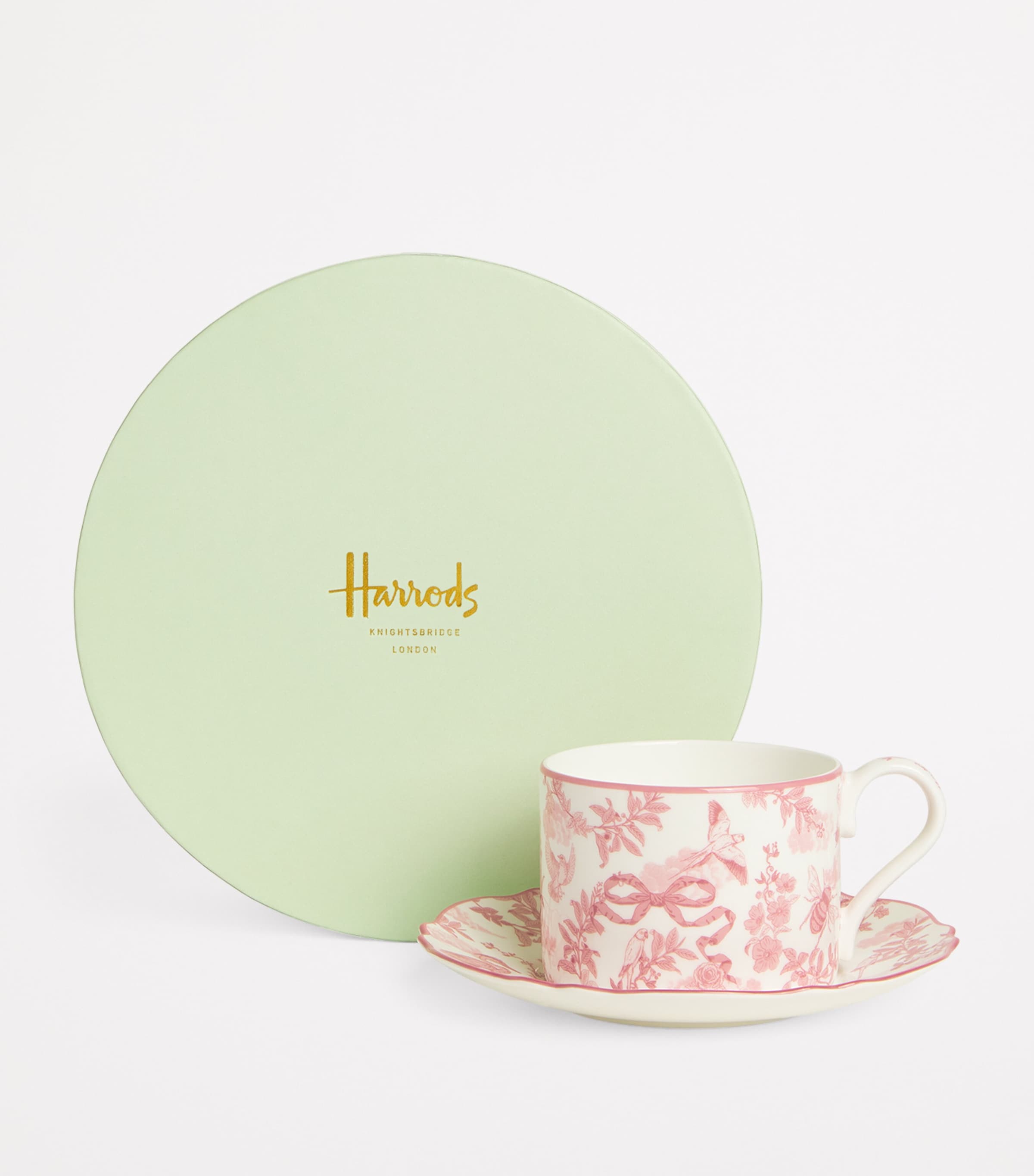 Harrods Bone China Toile Teacup and Saucer Set Pink Image 2