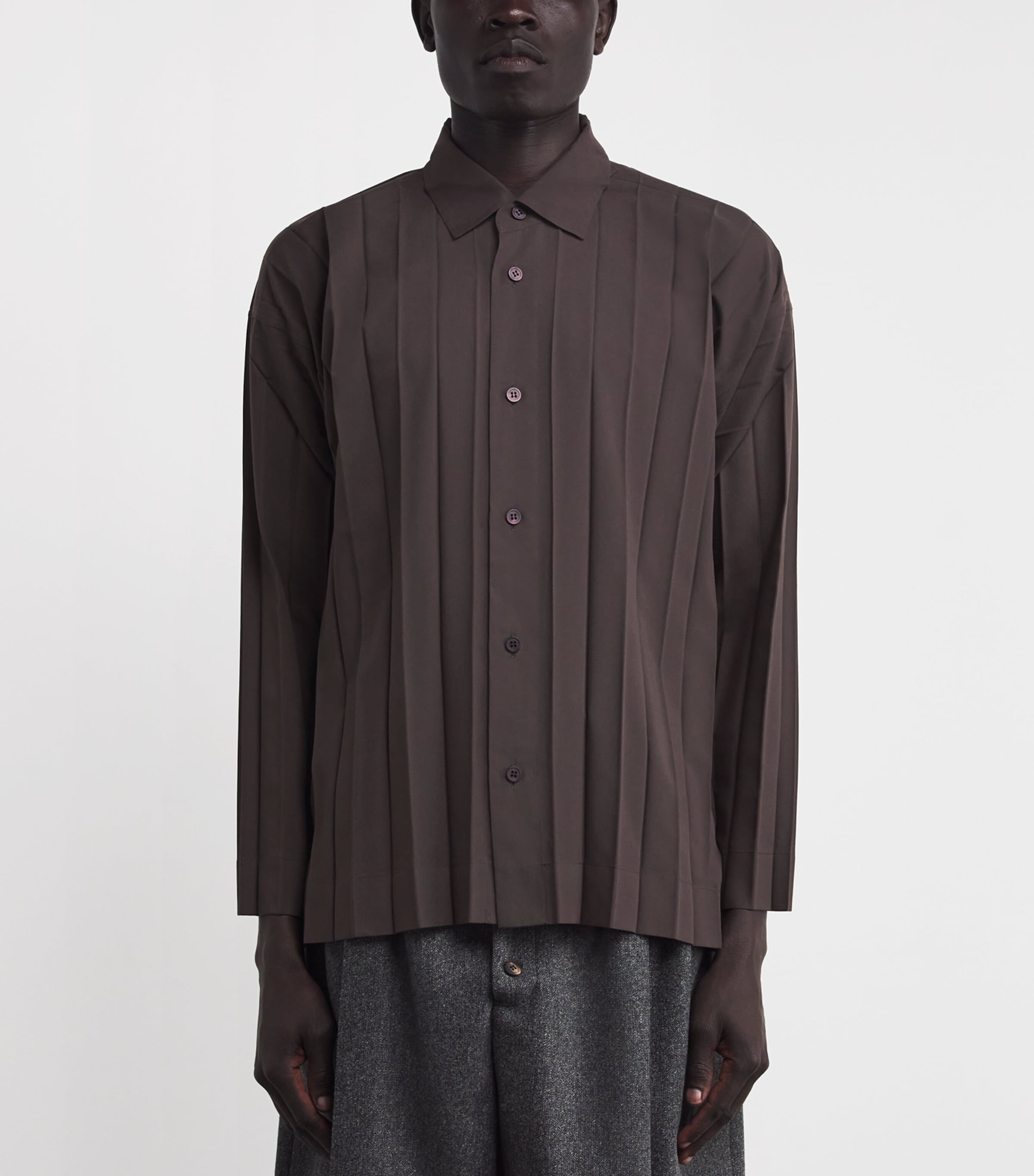 Homme Plissé Issey Miyake Mens Pleated Edge Shirt Dark Brown Image 3