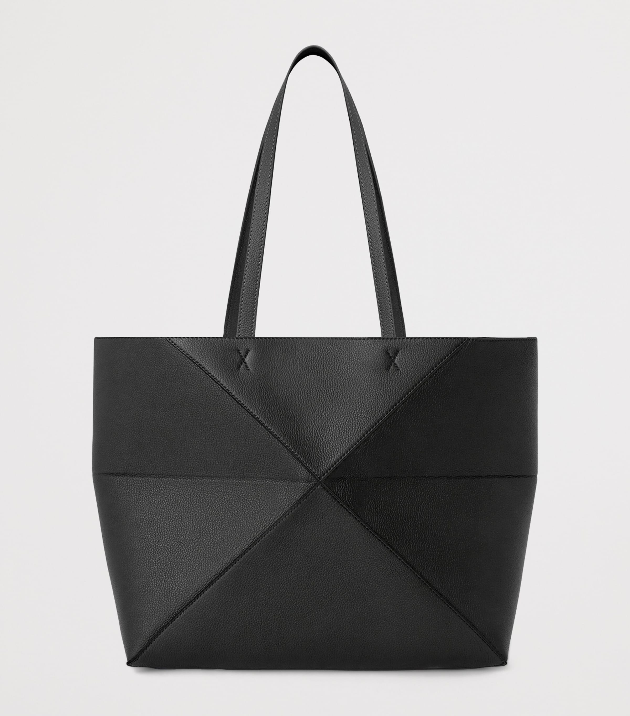 Medium Leather Puzzle Fold Tote Bag BLACK Image 3
