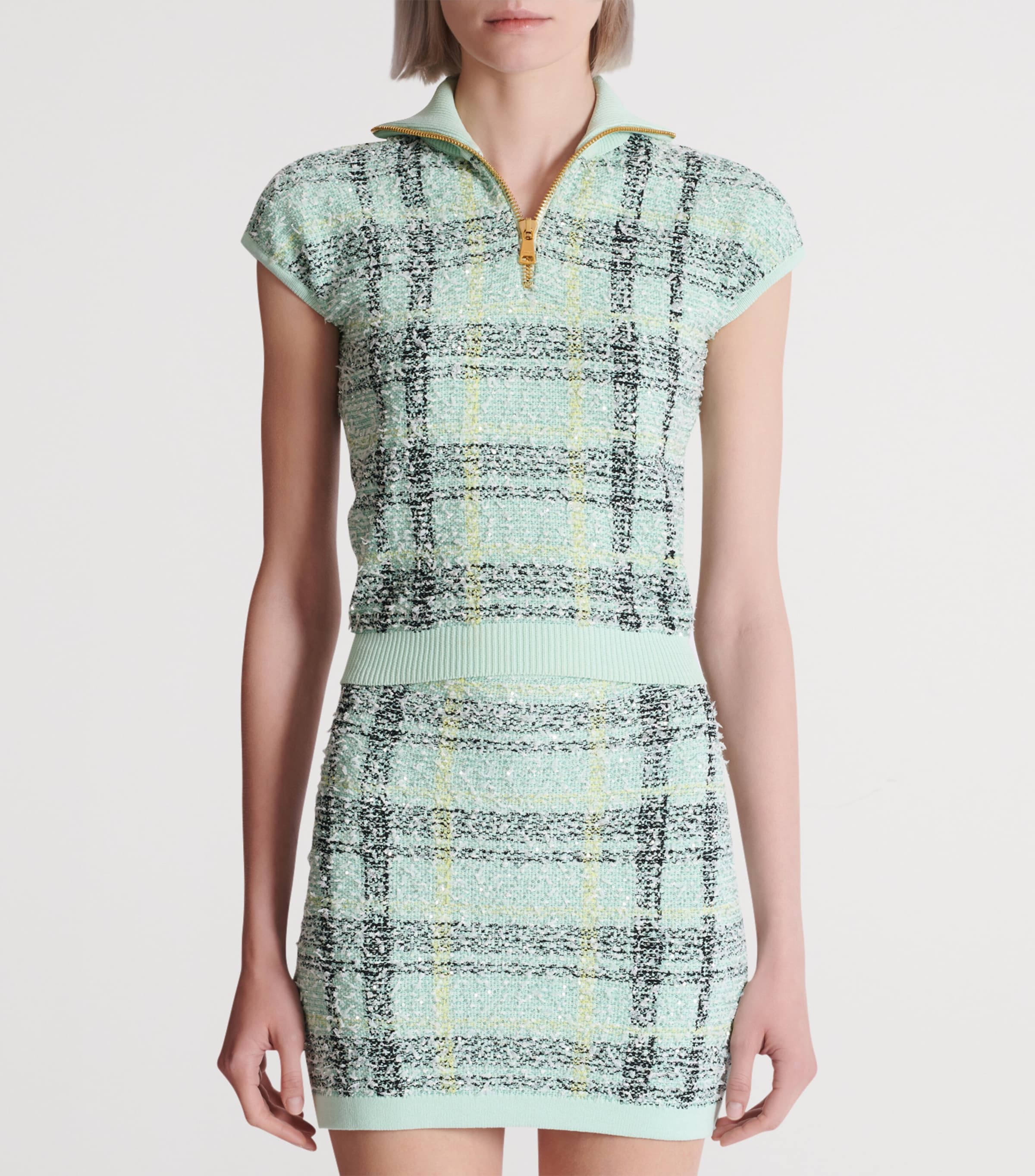 Tweed Embellished Plaid Top ULM VERT/JAUNE/NOIR Image 4