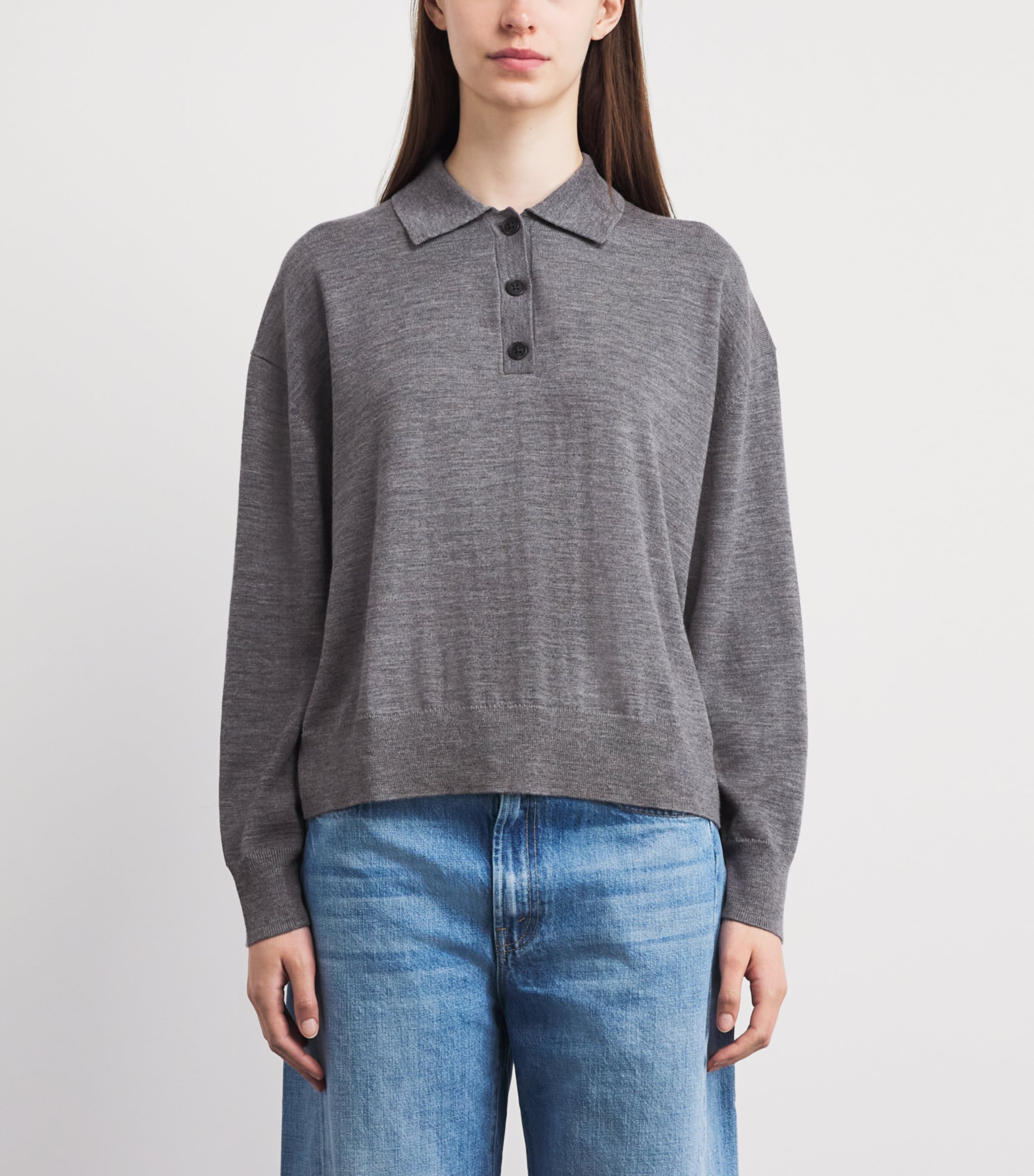ANINE BING Womens Wool-Cashmere Lee Polo Sweater Medium Heather Grey Image 4