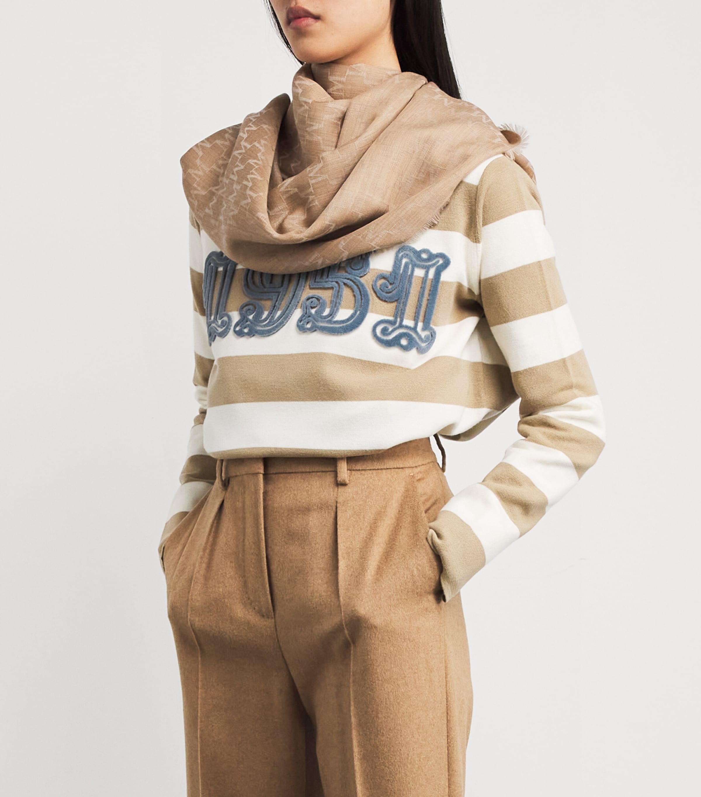 Virgin Wool Monogram Stole Scarf CAMEL Image 3