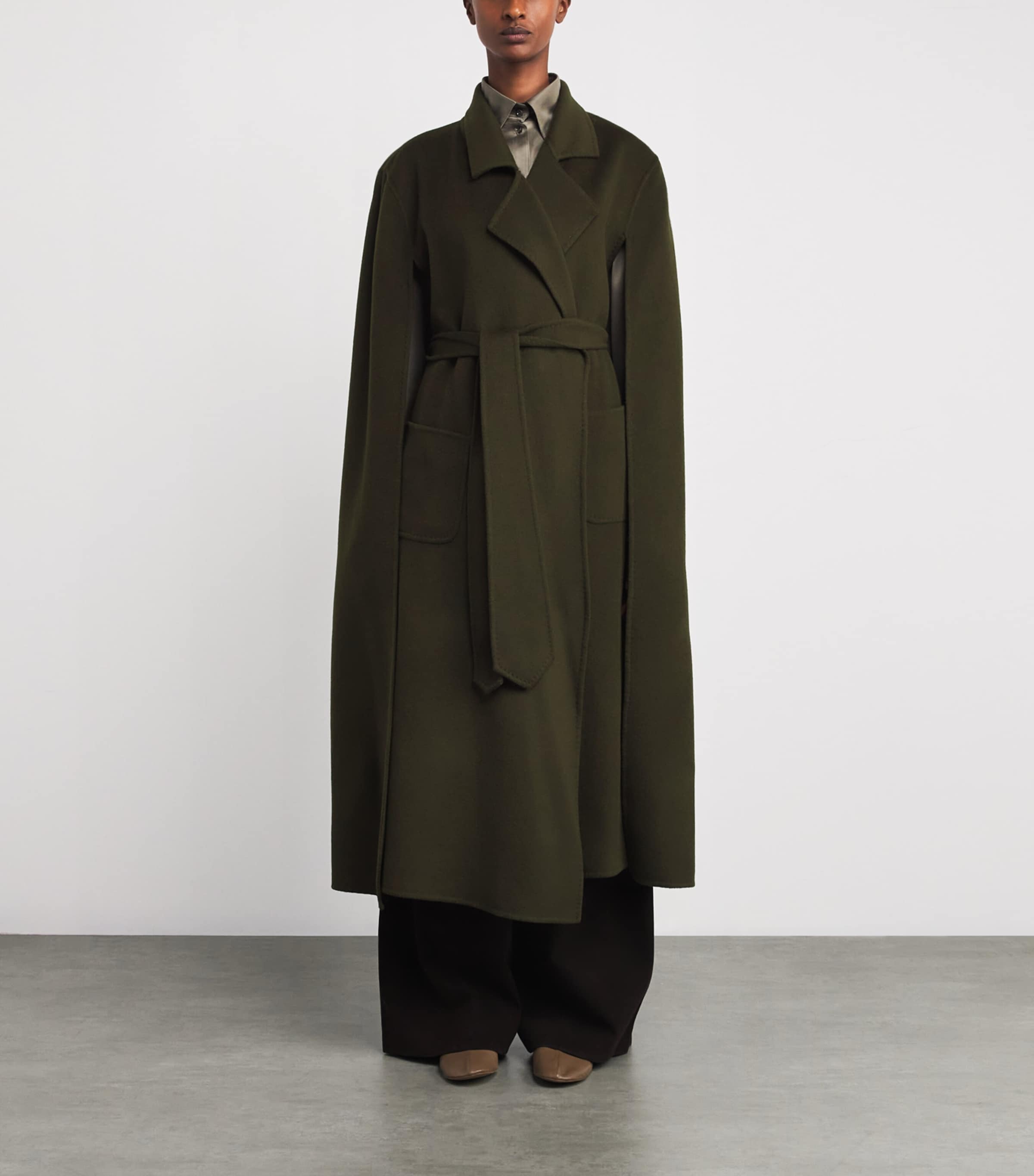 Wolk Morais Womens Cashmere On Set Cape Maxi Coat Moss Image 3