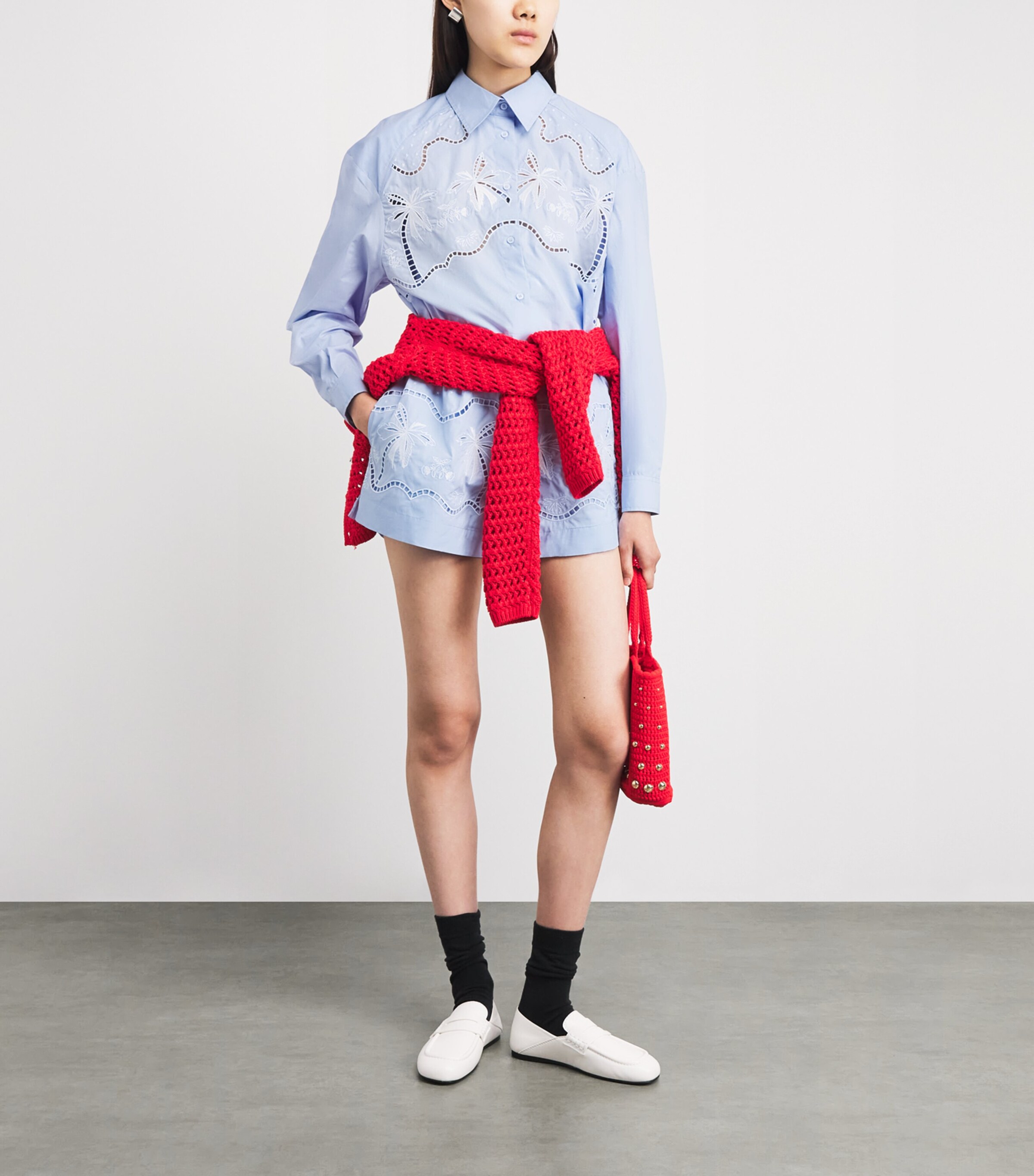 Sandro Paris Womens Cotton Embroidered Open-Work Shirt Sky Blue Image 2