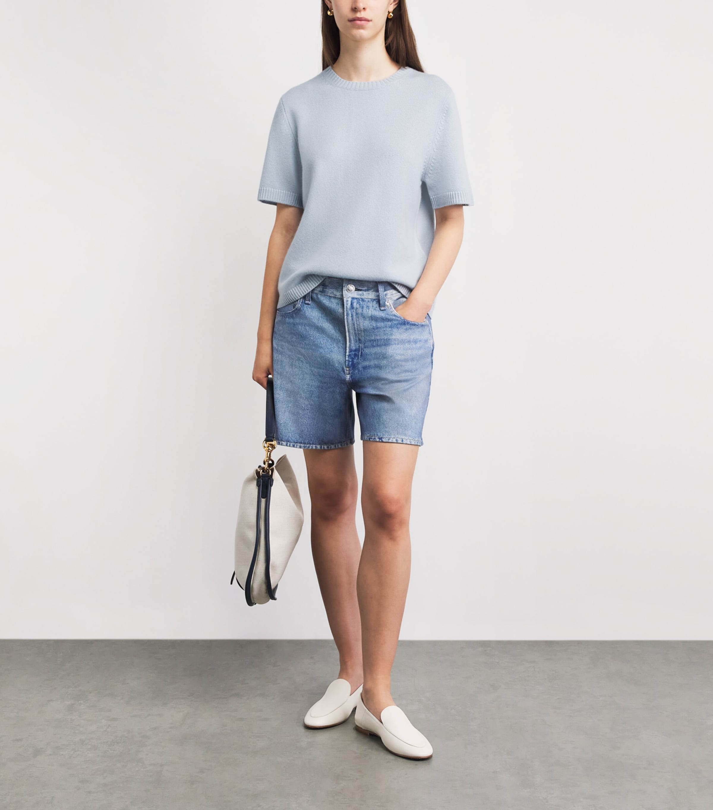 Soft Goat Womens Cashmere Oversized Short-Sleeve Sweater Ice Blue Image 2