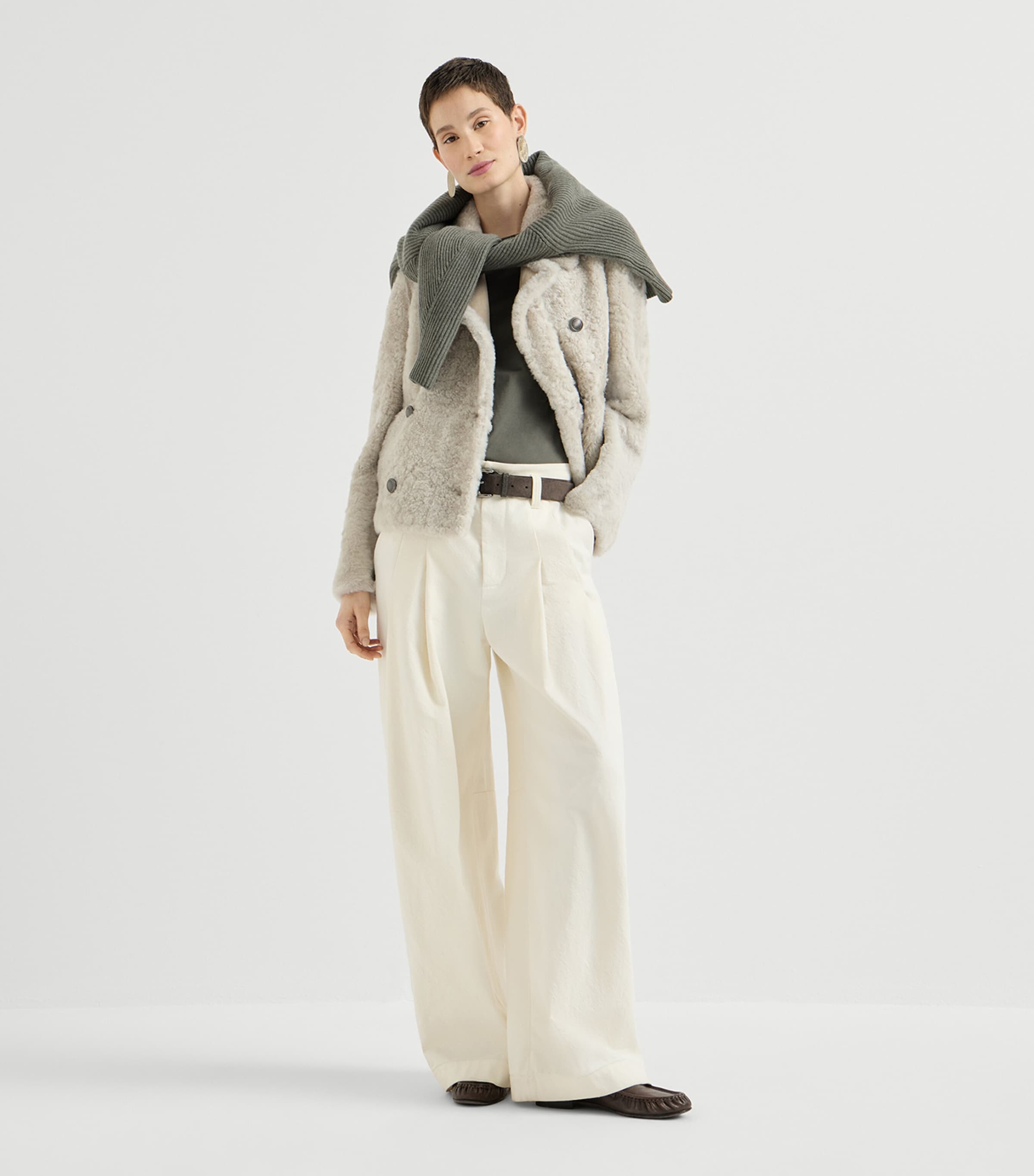 Brunello Cucinelli Womens Shearling Double-Breasted Jacket Stone Image 3