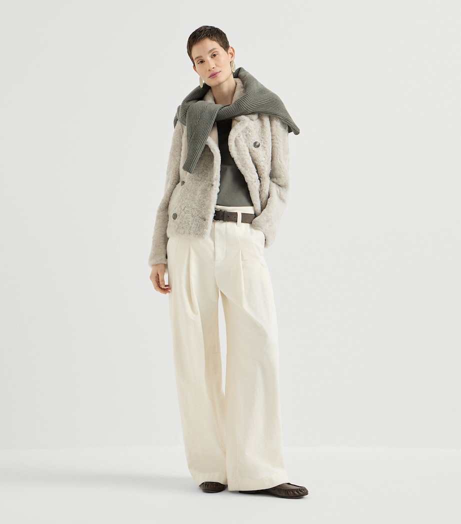 Brunello Cucinelli Womens Shearling Double-Breasted Jacket Stone Image 3
