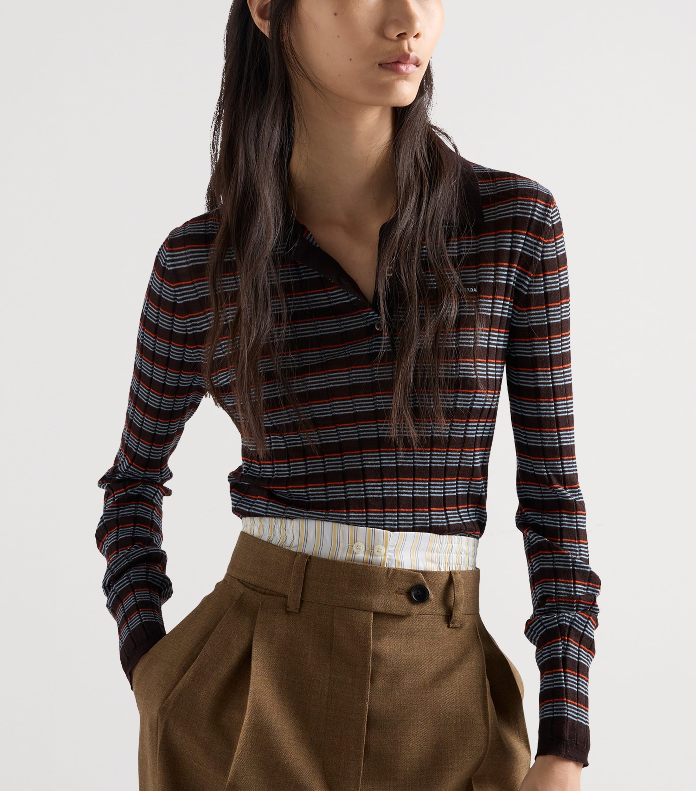 Prada Womens Cashmere-Silk Striped Polo Shirt Brown Image 4