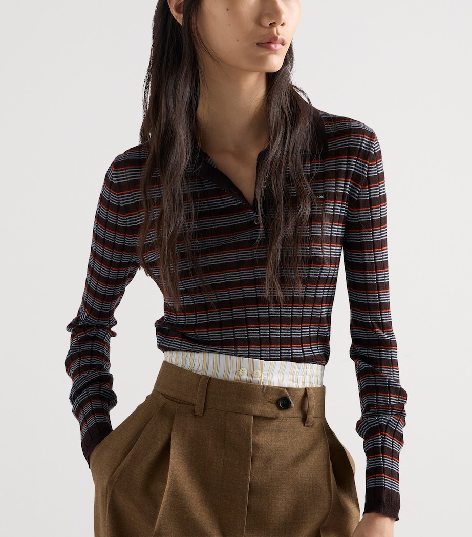 Prada Womens Cashmere-Silk Striped Polo Shirt Brown Image 4