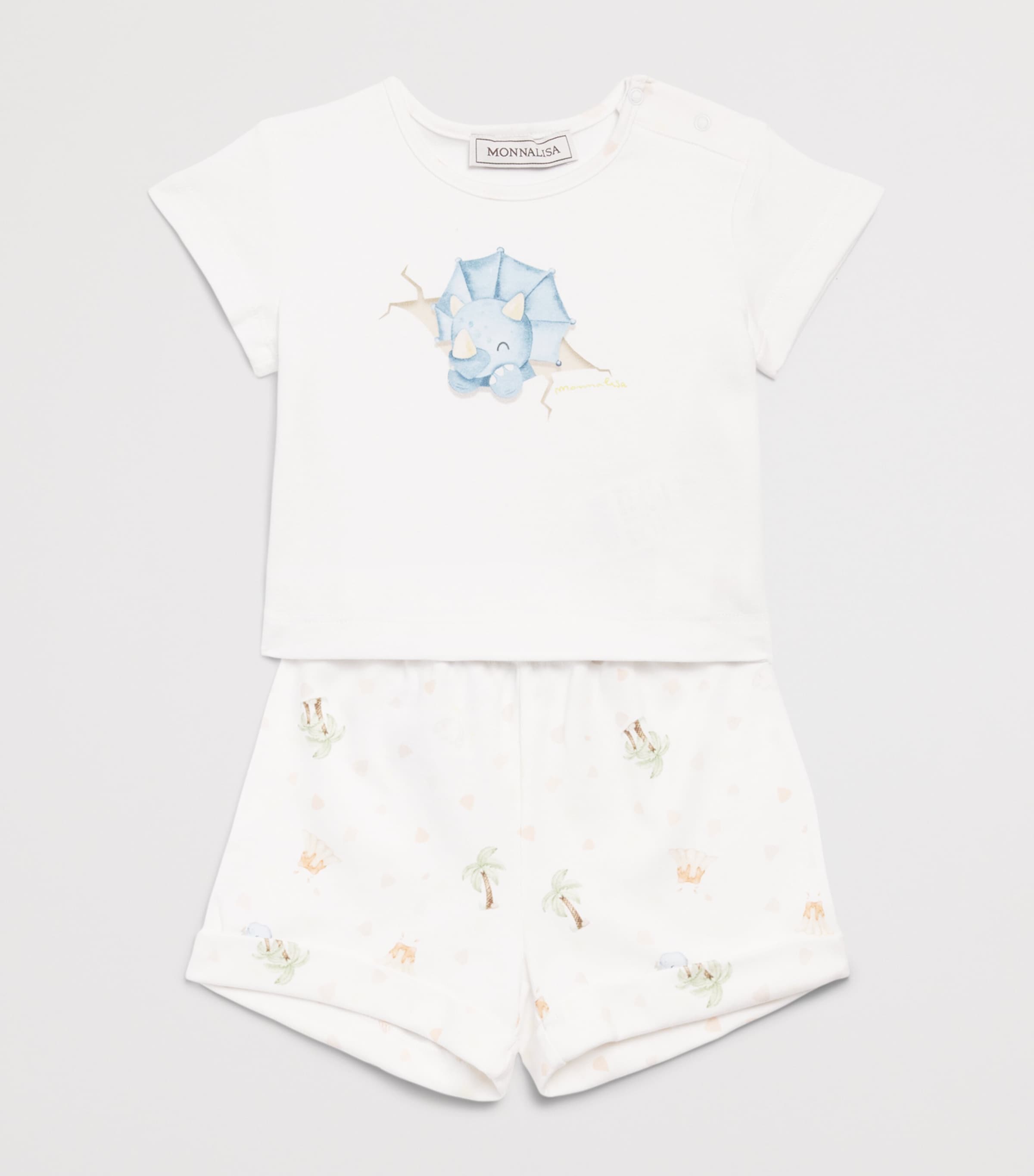 Monnalisa Cotton Dinosaur T-Shirt and Shorts Set (1-9 Months) White+lemonade Image 3