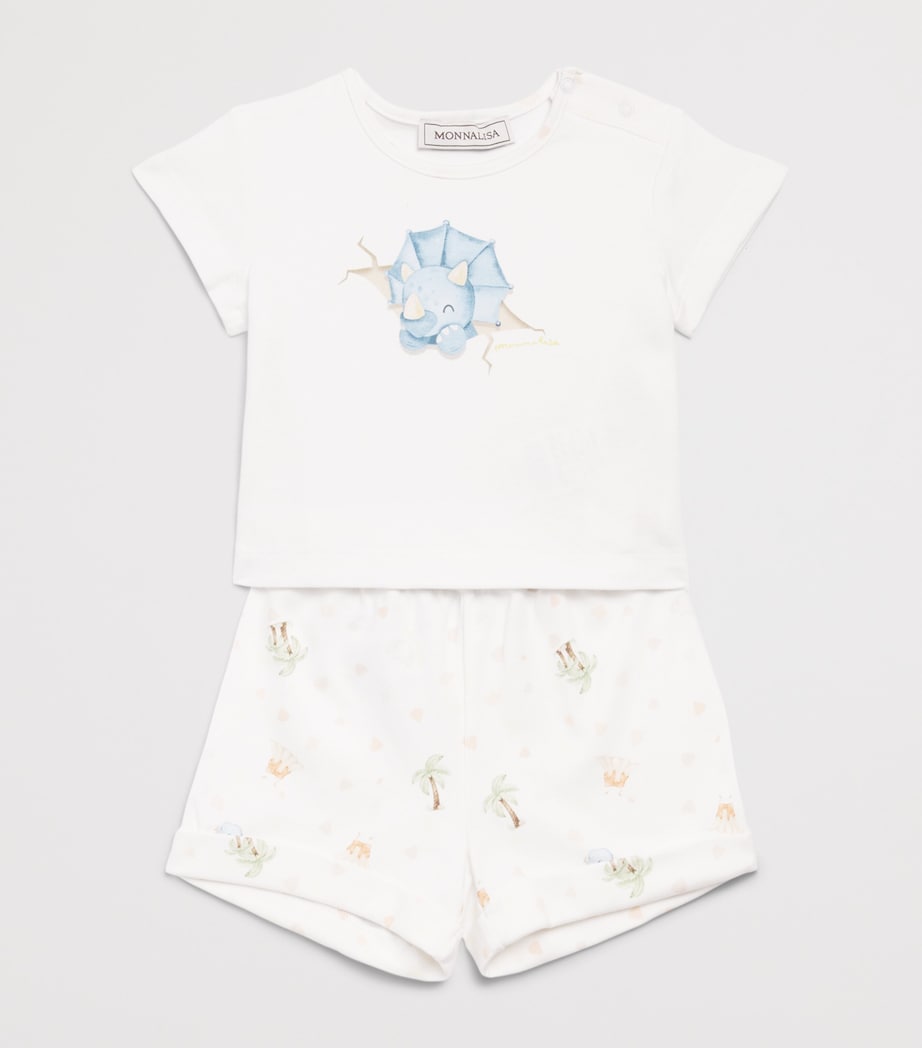 Monnalisa Cotton Dinosaur T-Shirt and Shorts Set (1-9 Months) White+lemonade Image 3