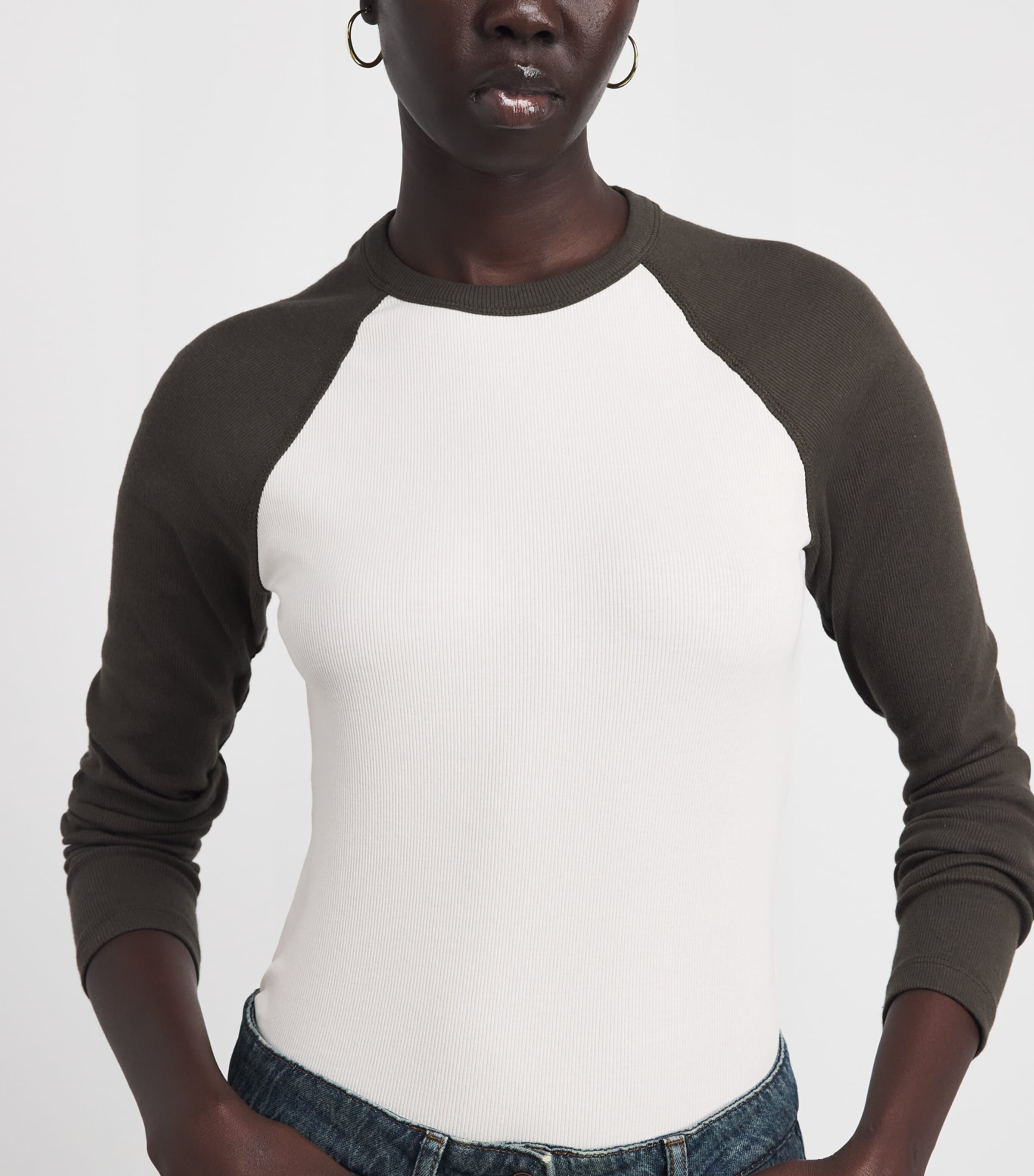 ME+EM Womens Slim Baseball Top Autumn Ivory/olive Image 3