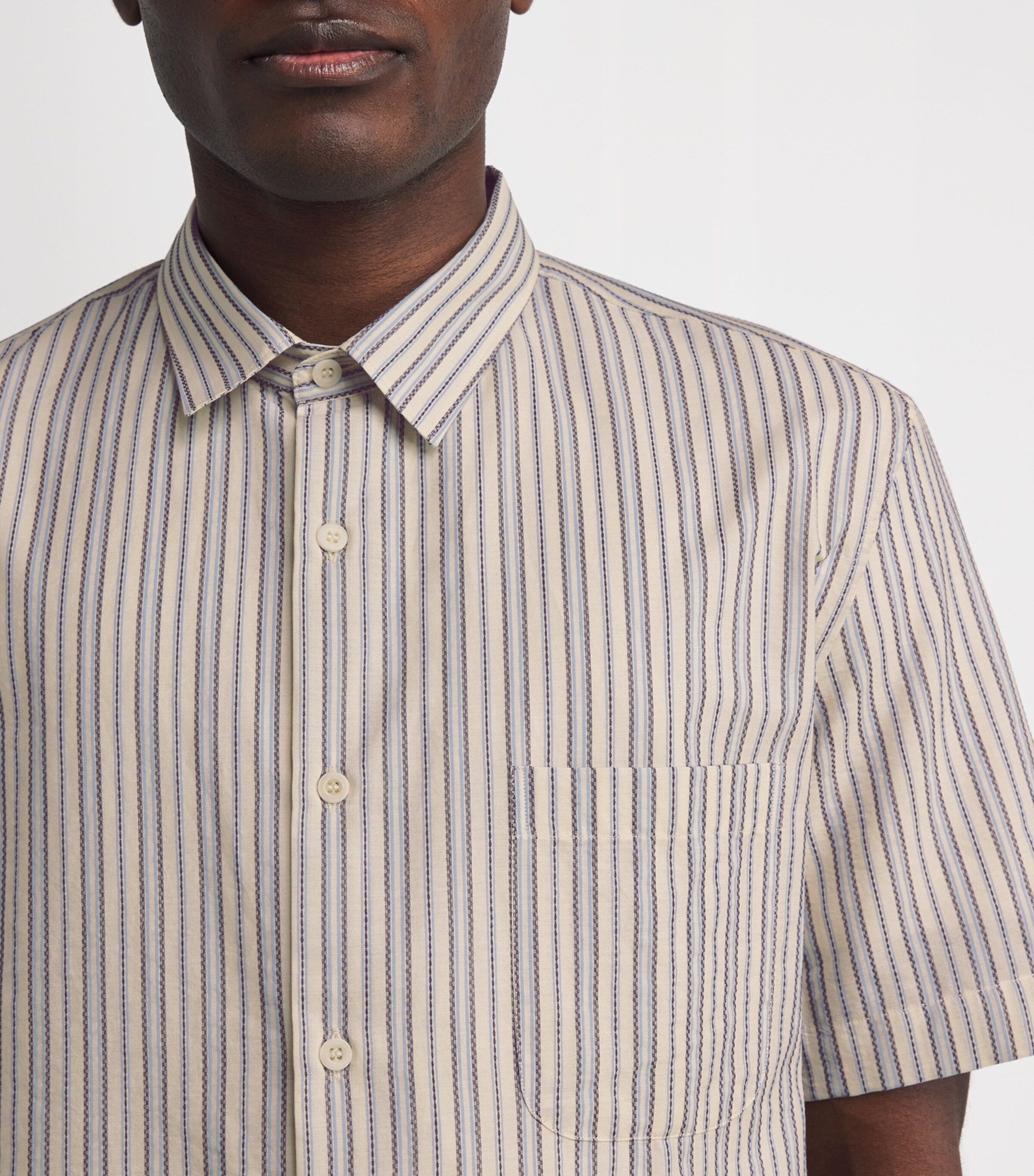 Sunspel Mens Cotton Embroidered Stripe Shirt Stnj Ecru/denm Multi Image 6