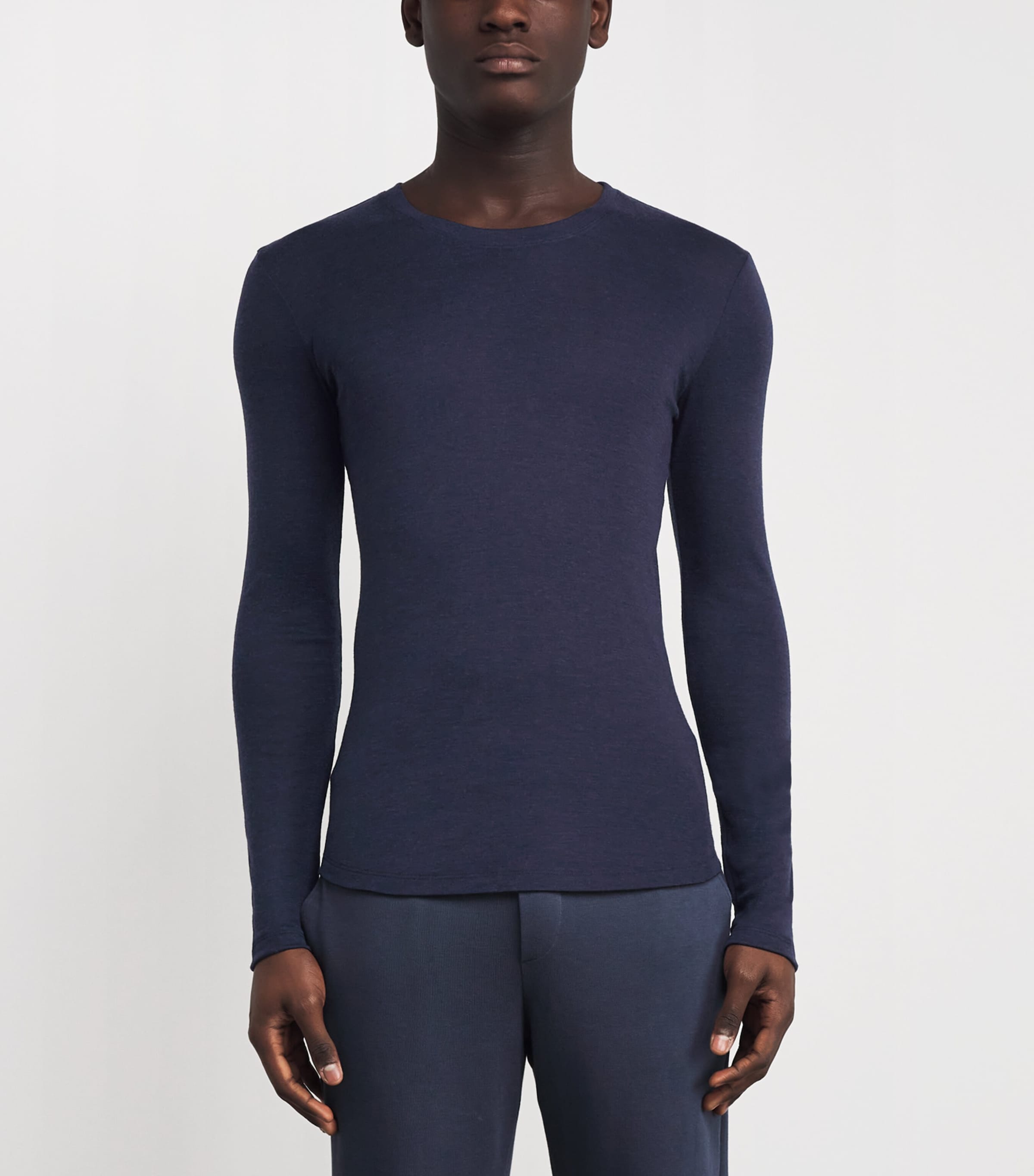 Hanro Mens Cotton Living Long-Sleeve T-Shirt Deep Navy Image 3
